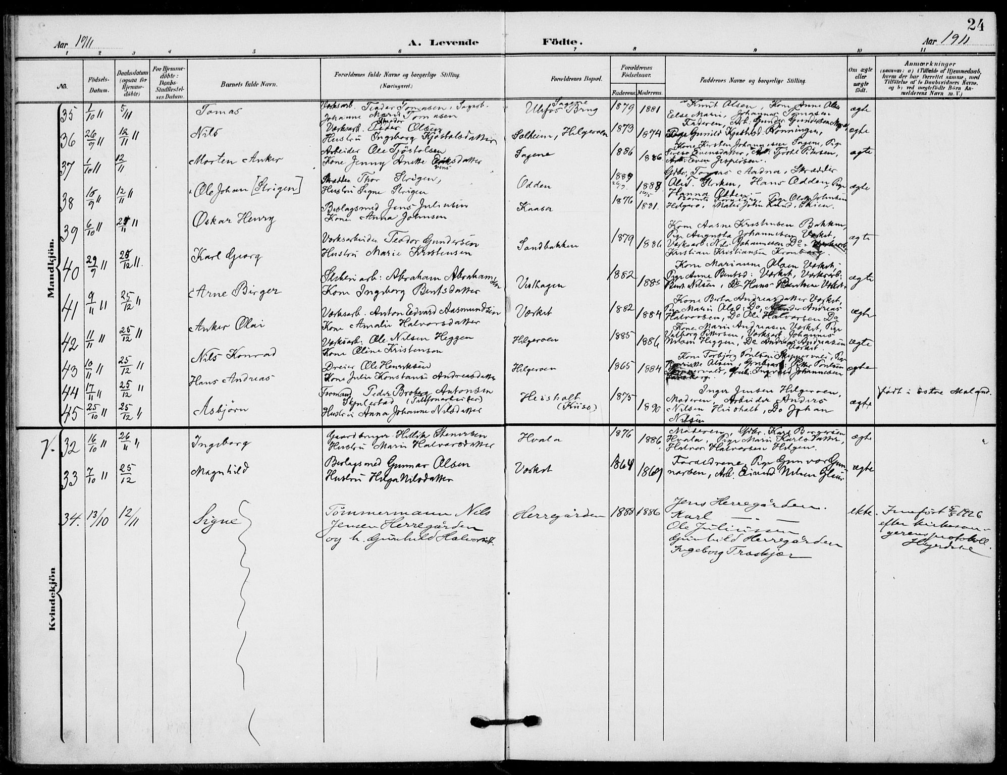 Holla kirkebøker, AV/SAKO-A-272/F/Fa/L0012: Parish register (official) no. 12, 1907-1923, p. 24