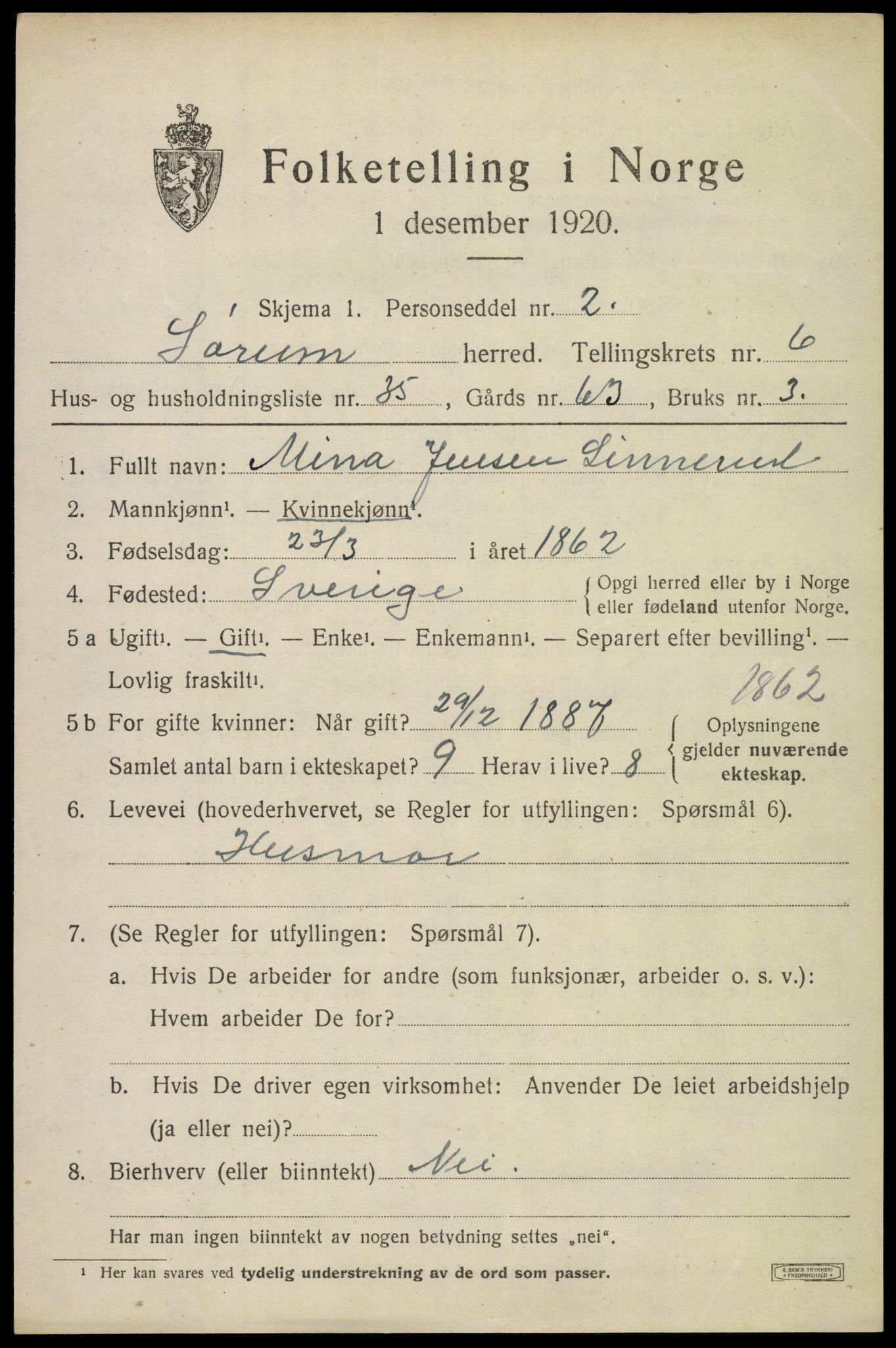 SAO, 1920 census for Sørum, 1920, p. 5909