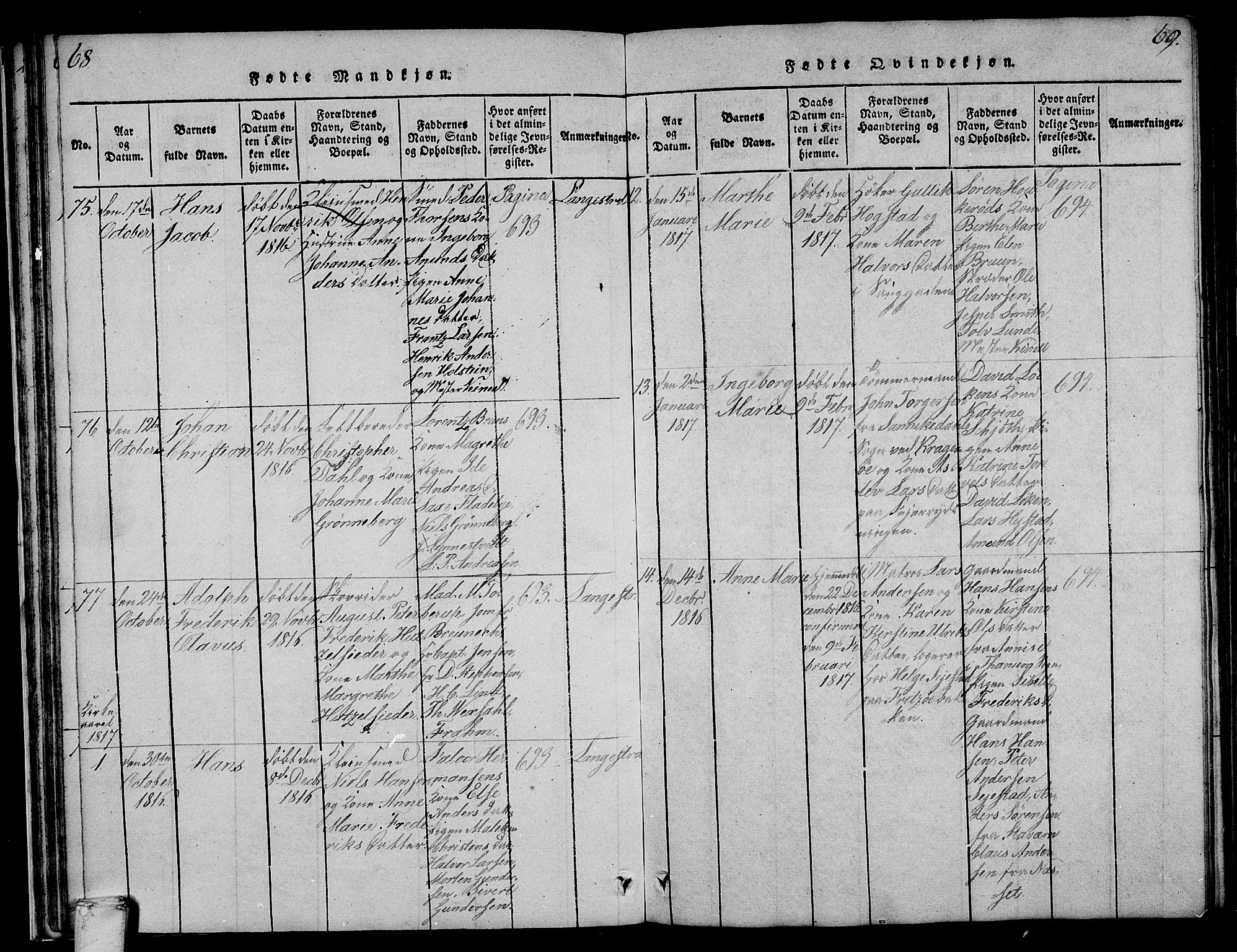 Larvik kirkebøker, AV/SAKO-A-352/F/Fa/L0001: Parish register (official) no. I 1, 1814-1825, p. 68-69