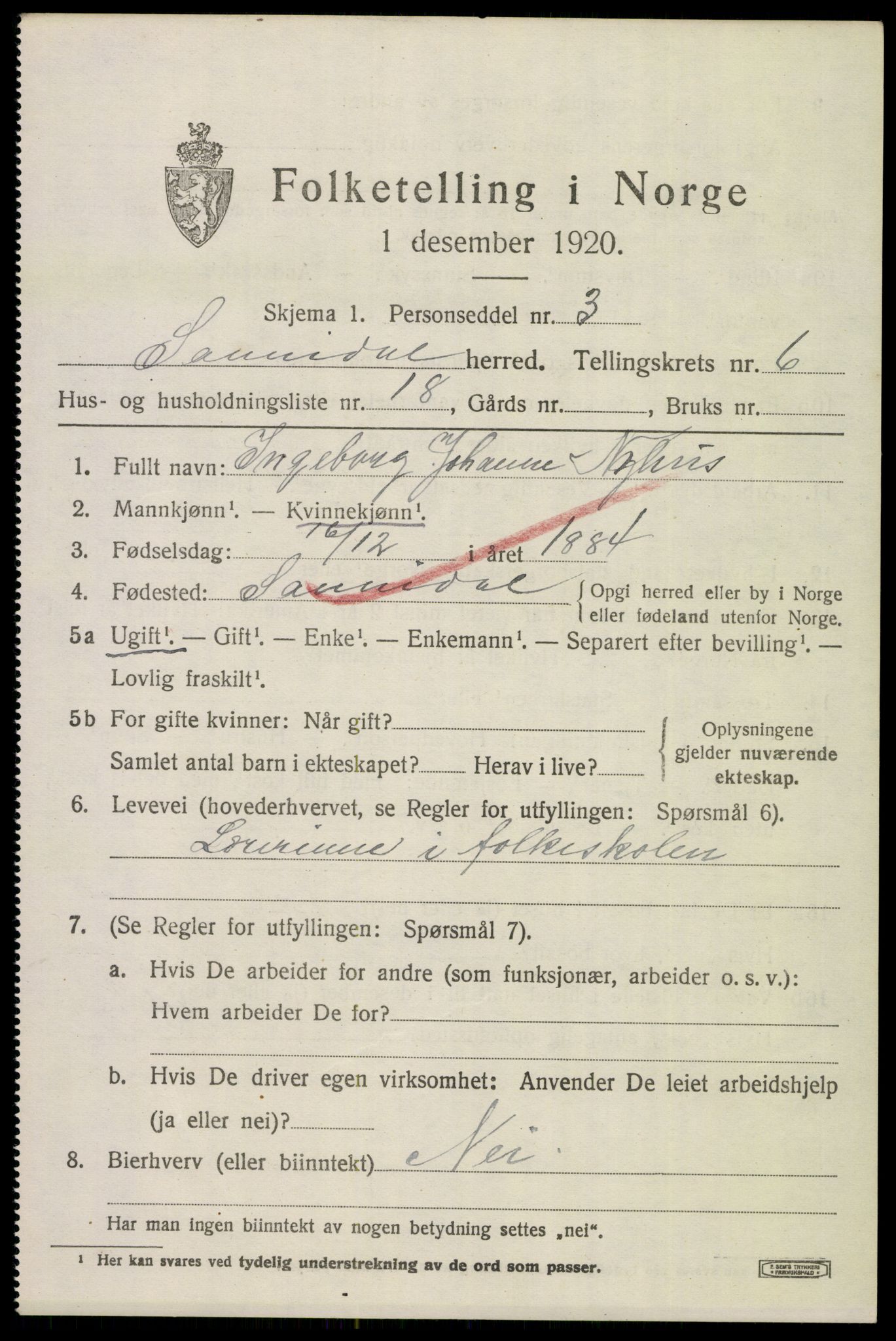 SAKO, 1920 census for Sannidal, 1920, p. 4909