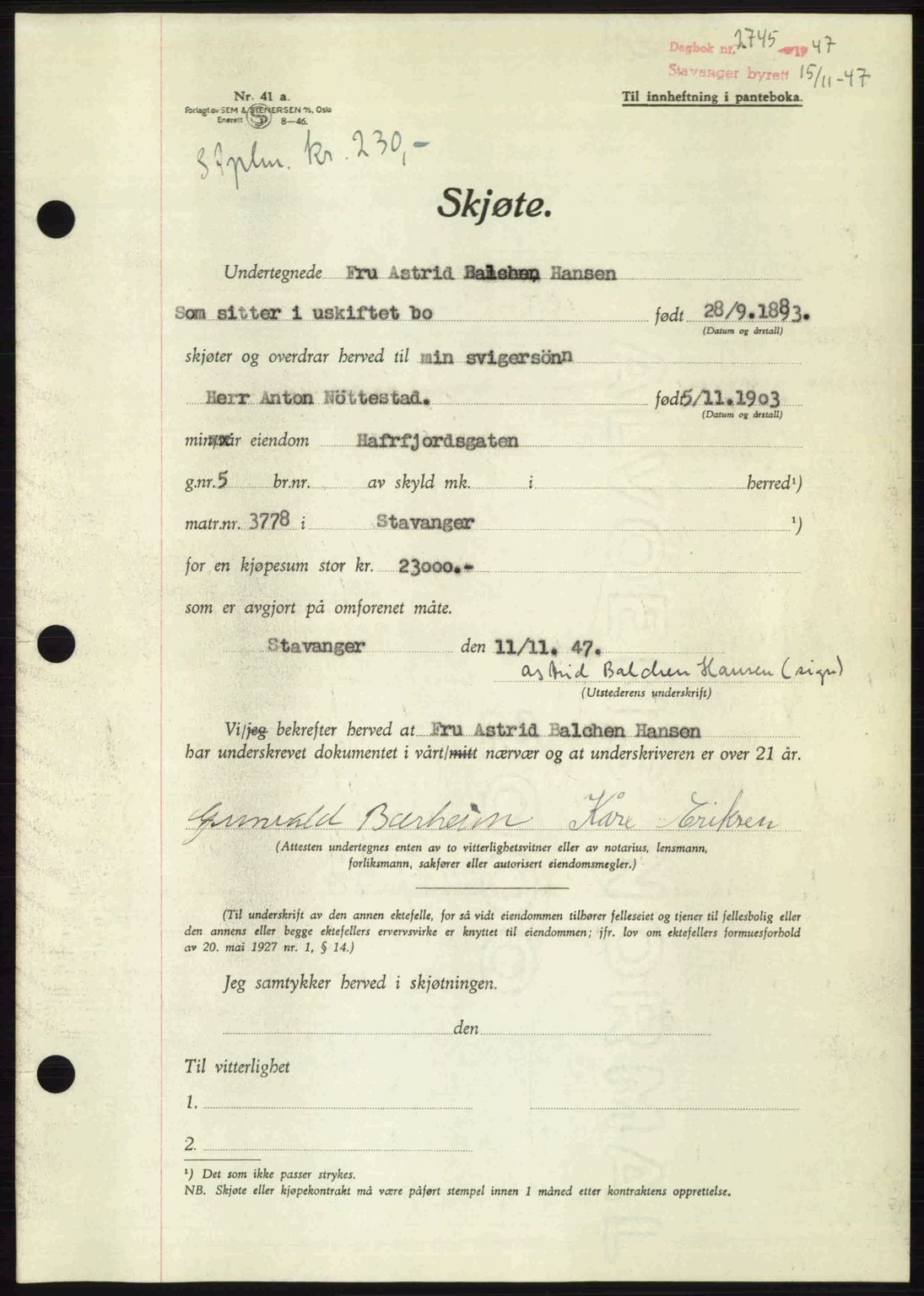 Stavanger byrett, SAST/A-100455/002/G/Gb/L0022: Mortgage book no. A11, 1947-1948, Diary no: : 2745/1947