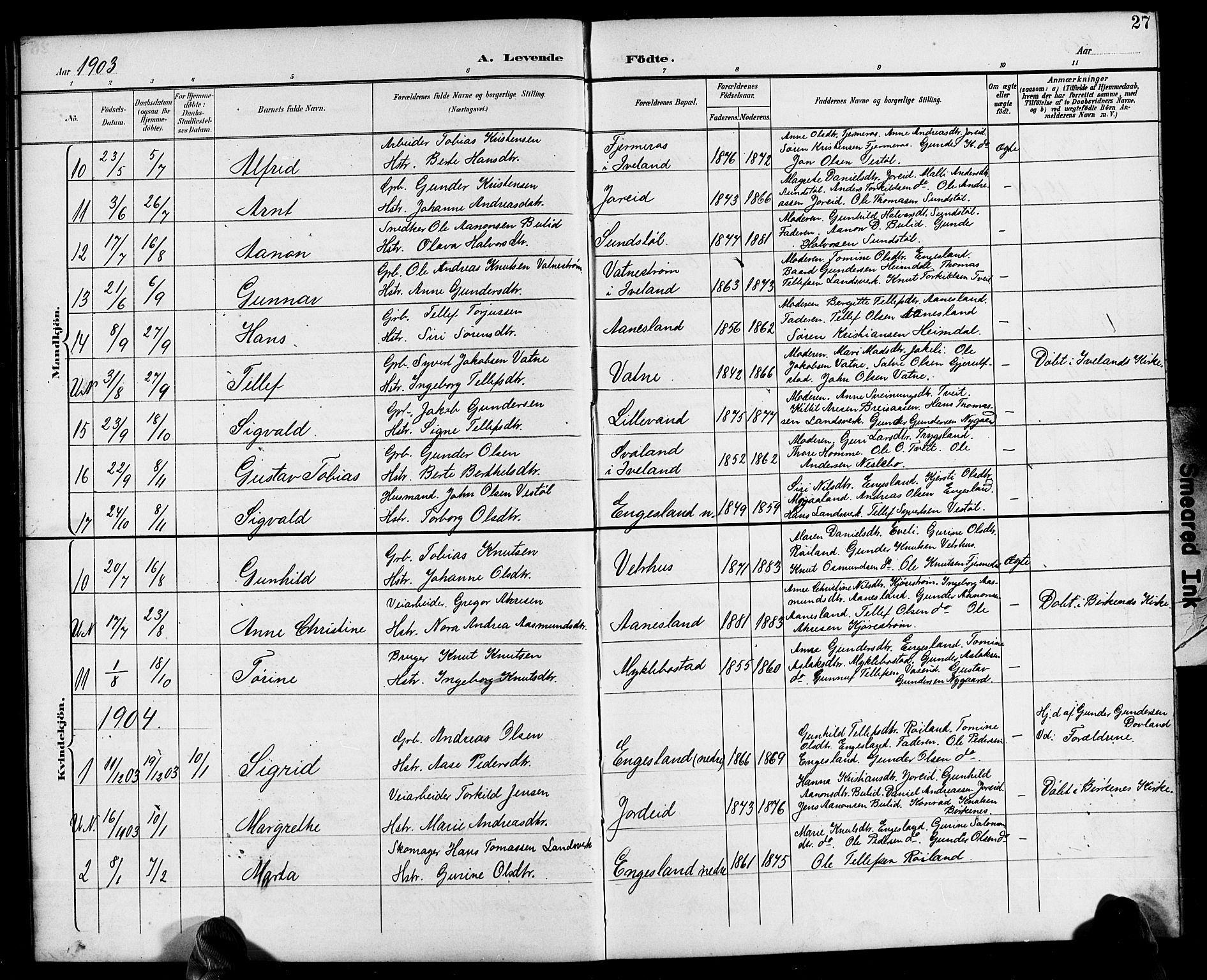 Herefoss sokneprestkontor, AV/SAK-1111-0019/F/Fb/Fbb/L0003: Parish register (copy) no. B 3, 1892-1917, p. 27