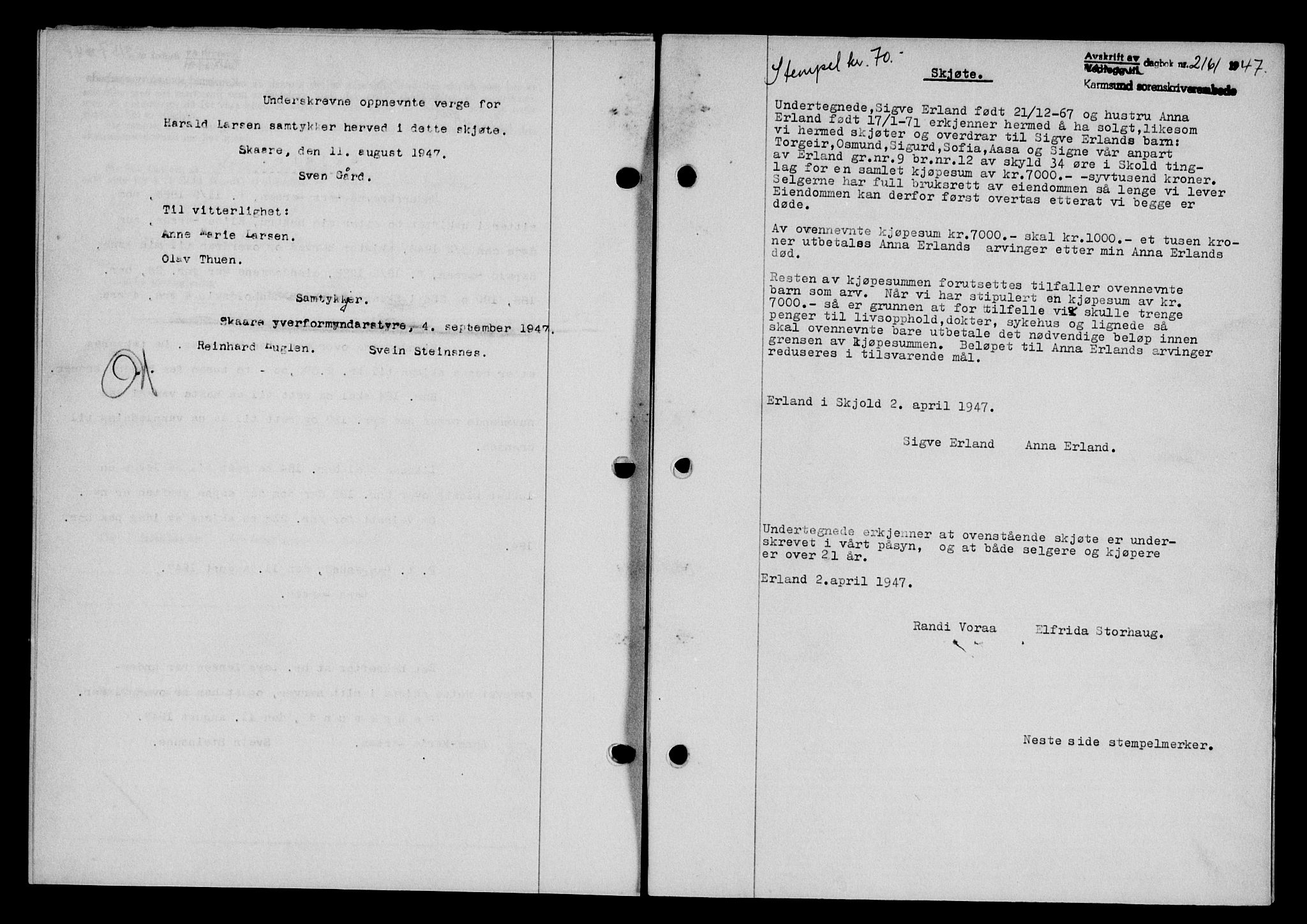 Karmsund sorenskriveri, SAST/A-100311/01/II/IIB/L0090: Mortgage book no. 70A, 1947-1947, Diary no: : 2161/1947