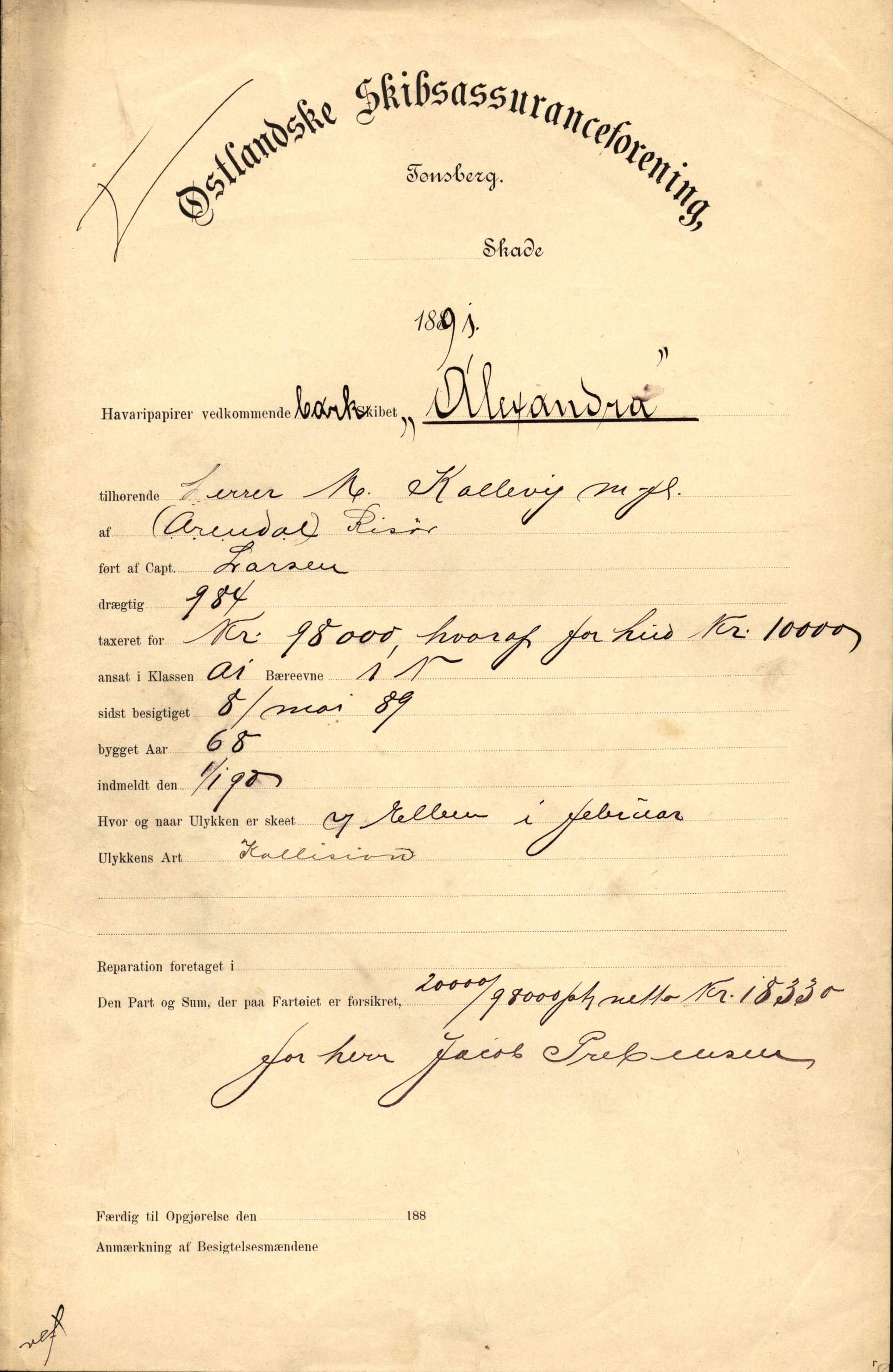 Pa 63 - Østlandske skibsassuranceforening, VEMU/A-1079/G/Ga/L0027/0009: Havaridokumenter / Activ av Sandefjord, Alice, Alexandra, Aleyon, Wido, 1891, p. 7