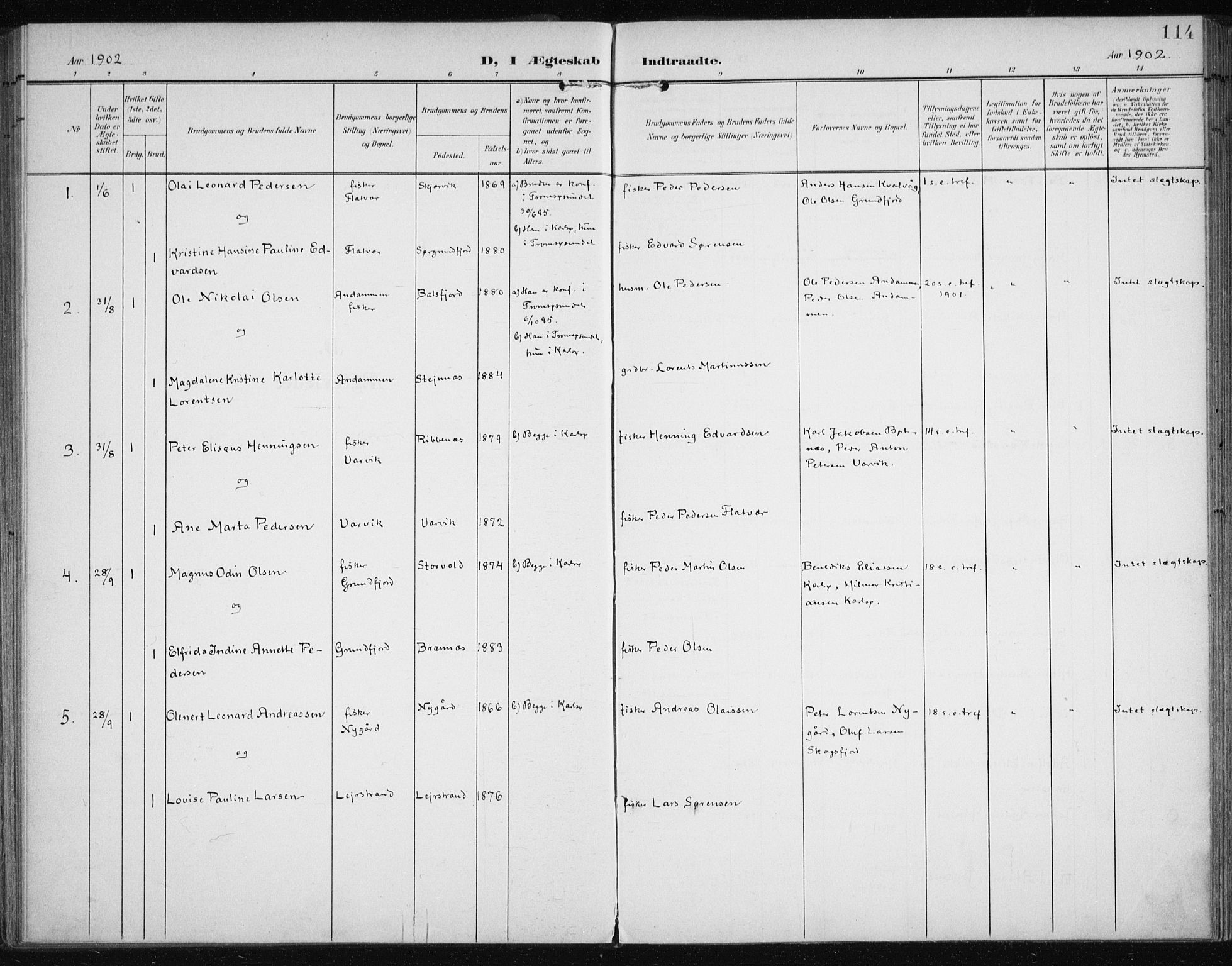 Karlsøy sokneprestembete, AV/SATØ-S-1299/H/Ha/Haa/L0013kirke: Parish register (official) no. 13, 1902-1916, p. 114