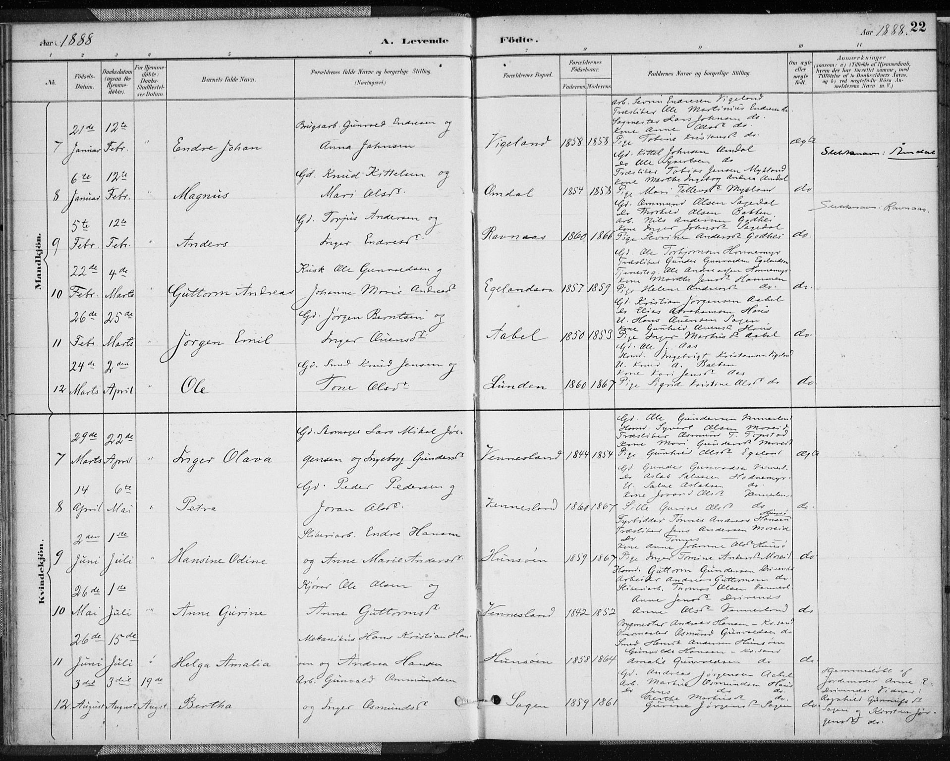 Vennesla sokneprestkontor, AV/SAK-1111-0045/Fa/Fab/L0004: Parish register (official) no. A 4, 1884-1896, p. 22