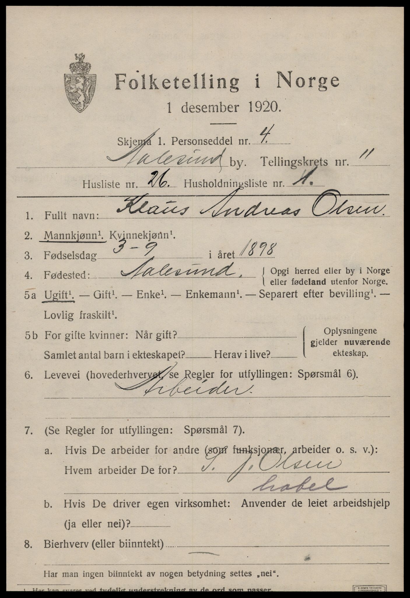 SAT, 1920 census for Ålesund, 1920, p. 25364