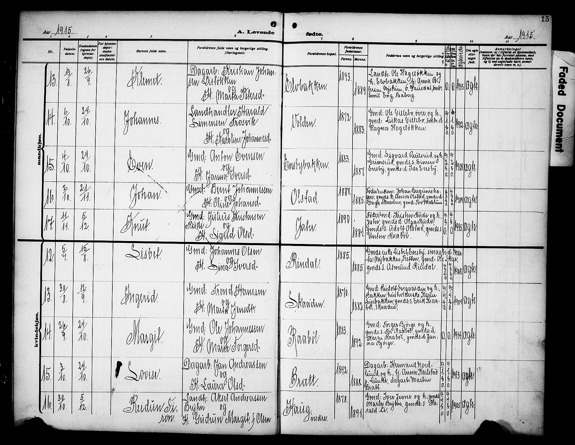 Øyer prestekontor, SAH/PREST-084/H/Ha/Hab/L0007: Parish register (copy) no. 7, 1913-1928, p. 15