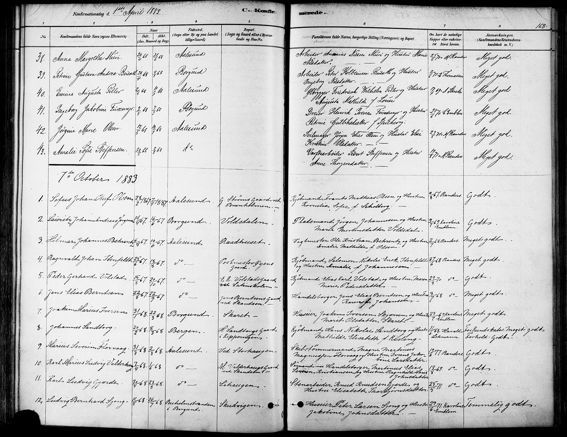 Ministerialprotokoller, klokkerbøker og fødselsregistre - Møre og Romsdal, AV/SAT-A-1454/529/L0454: Parish register (official) no. 529A04, 1878-1885, p. 168