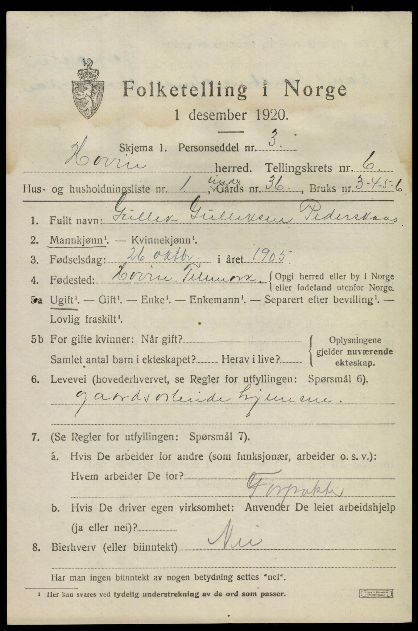 SAKO, 1920 census for Hovin, 1920, p. 1441