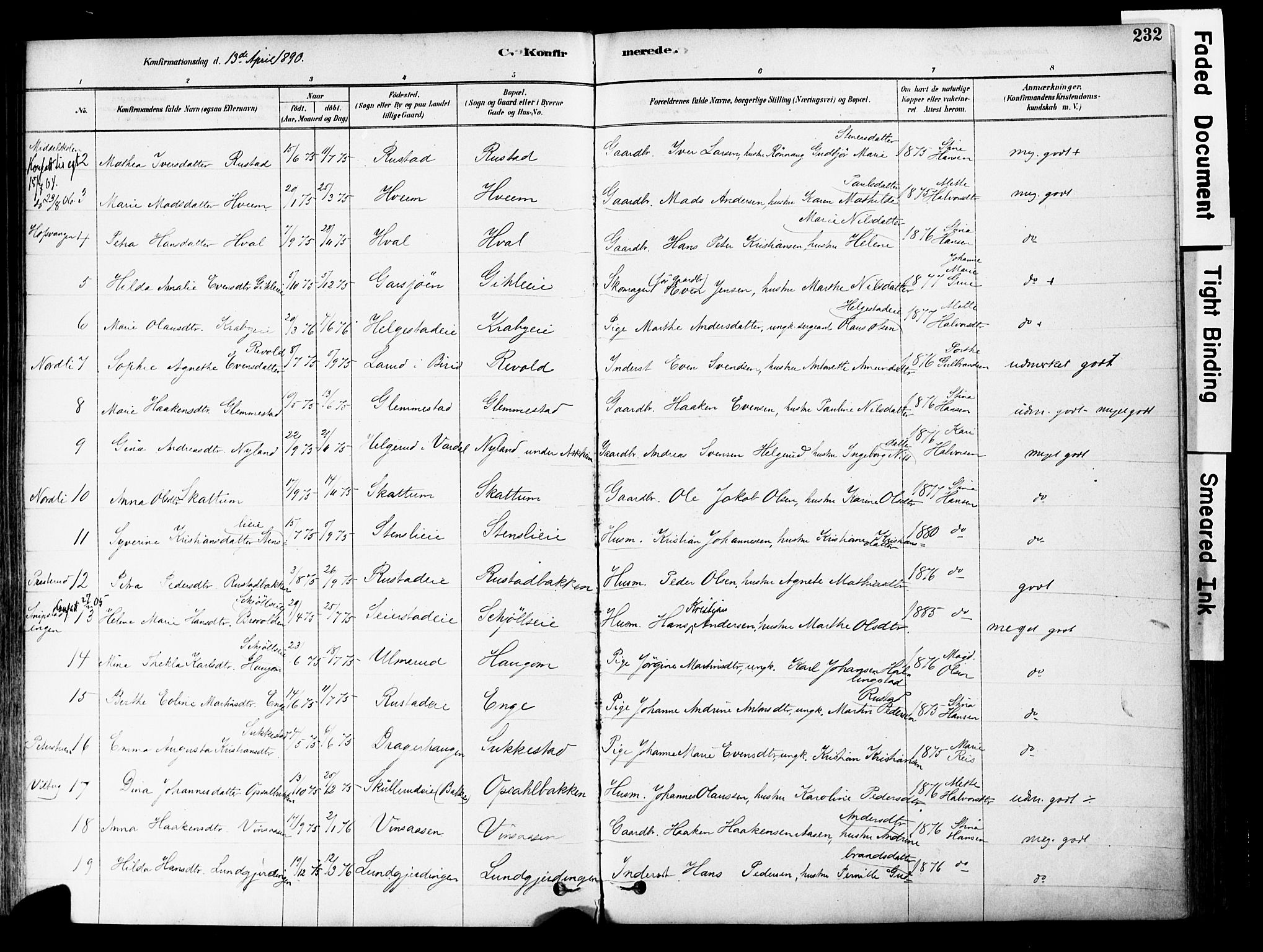 Østre Toten prestekontor, AV/SAH-PREST-104/H/Ha/Haa/L0006: Parish register (official) no. 6 /1, 1878-1896, p. 232