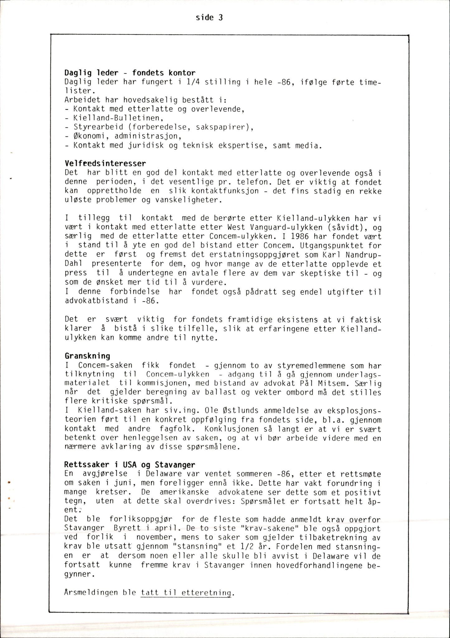 Pa 1660 - Kielland- fondet, AV/SAST-A-102242/X/Xa/L0001: Rapport til overlevende og etterlatte/ Kielland Bulletin, 1980-1998