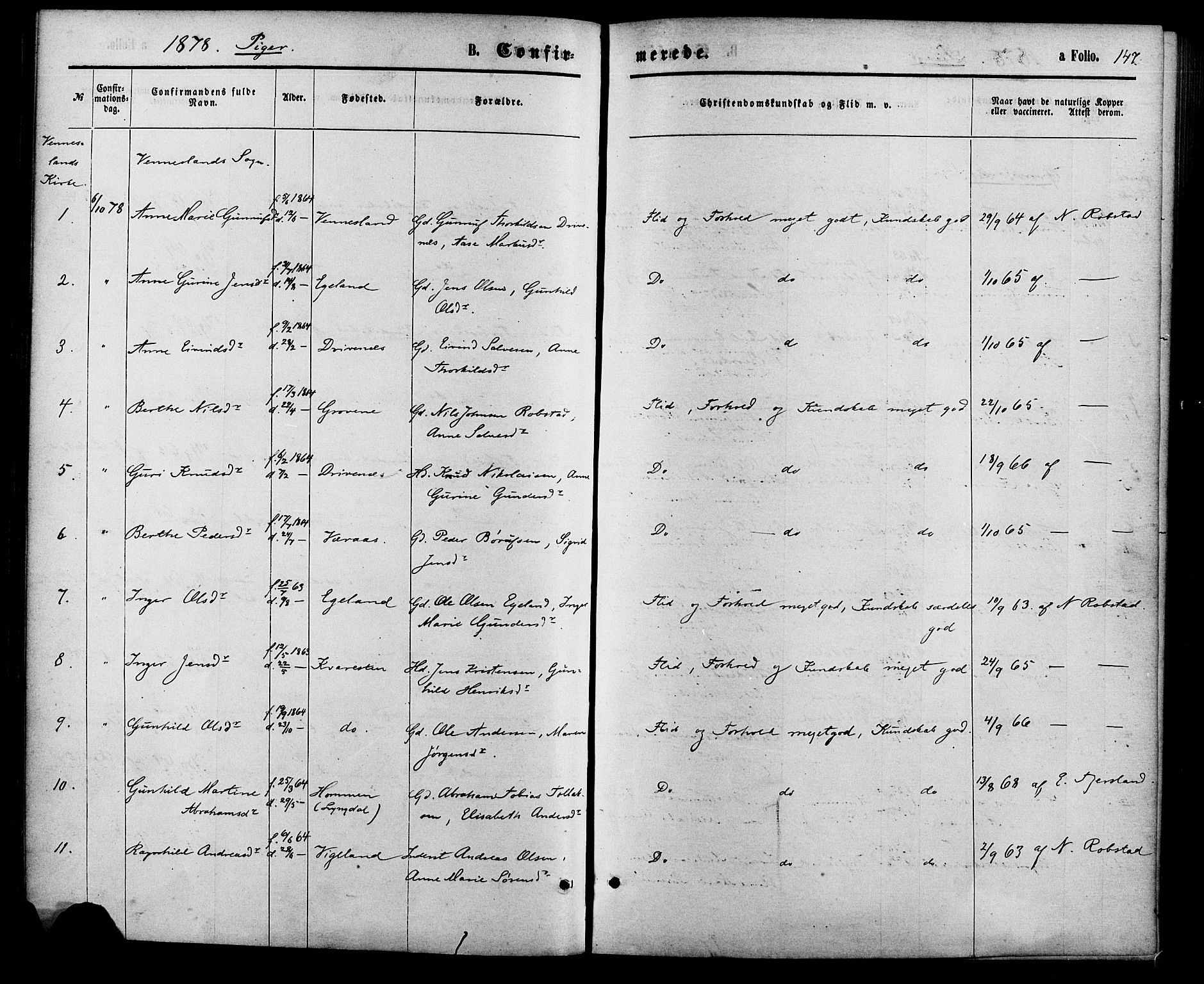 Vennesla sokneprestkontor, AV/SAK-1111-0045/Fa/Fac/L0008: Parish register (official) no. A 8, 1874-1883, p. 147