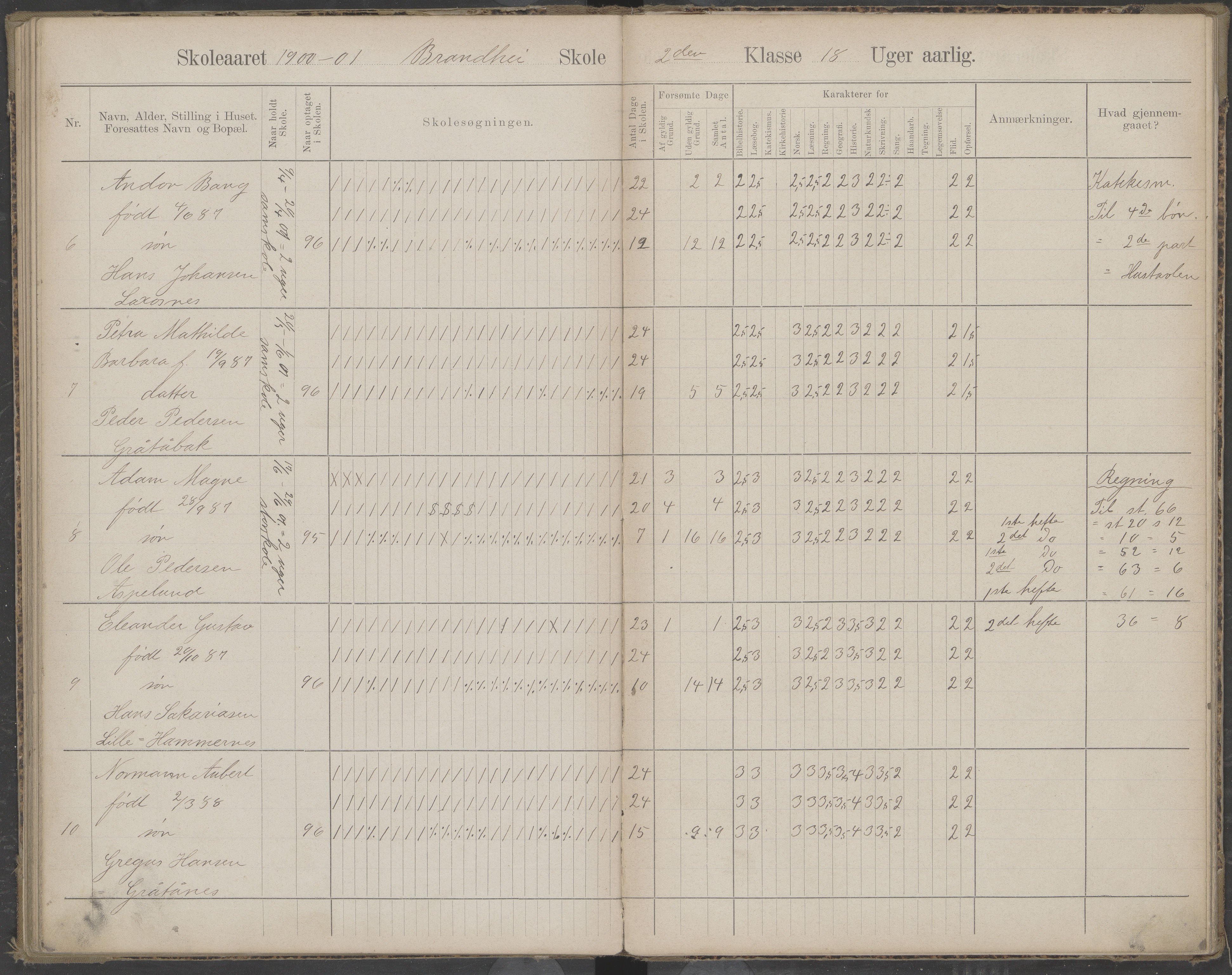 Beiarn kommune. Brandhei skolekrets, AIN/K-18390.510.03/442/L0003: Karakter/oversiktsprotokoll, 1893-1910