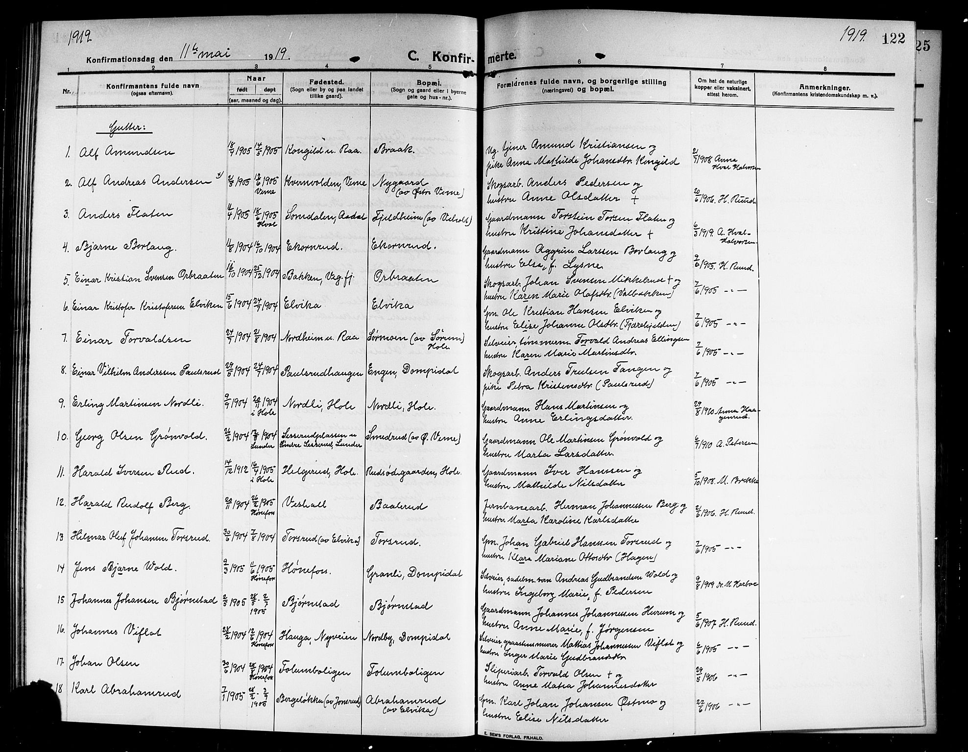 Norderhov kirkebøker, SAKO/A-237/G/Ga/L0009: Parish register (copy) no. I 9, 1913-1920, p. 122