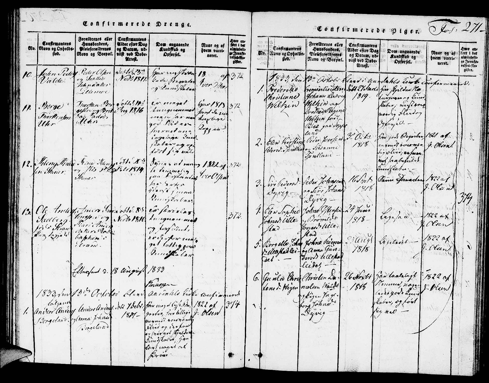 Hjelmeland sokneprestkontor, SAST/A-101843/01/V/L0002: Parish register (copy) no. B 2, 1816-1841, p. 271