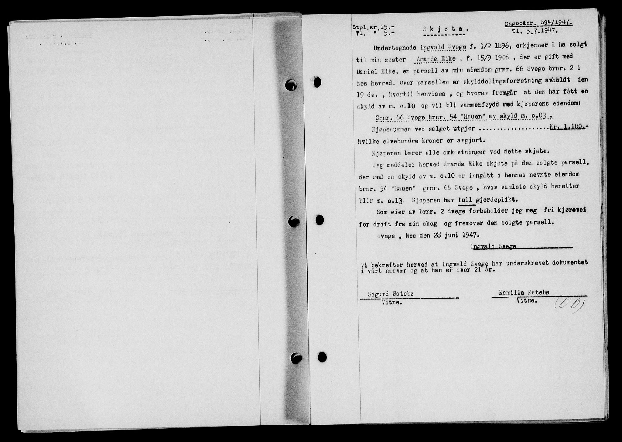 Flekkefjord sorenskriveri, SAK/1221-0001/G/Gb/Gba/L0062: Mortgage book no. A-10, 1947-1947, Diary no: : 694/1947