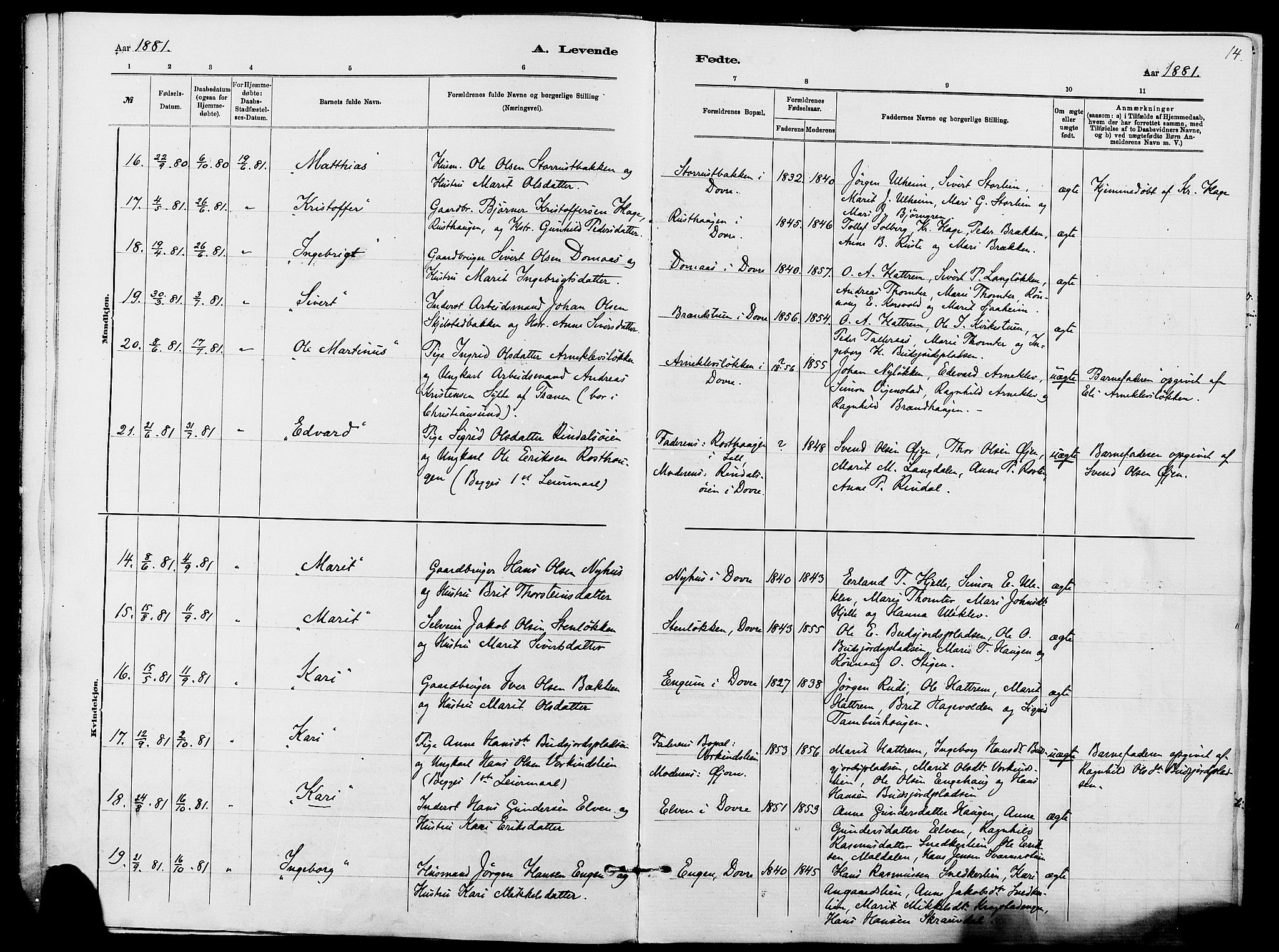 Dovre prestekontor, AV/SAH-PREST-066/H/Ha/Haa/L0002: Parish register (official) no. 2, 1879-1890, p. 14