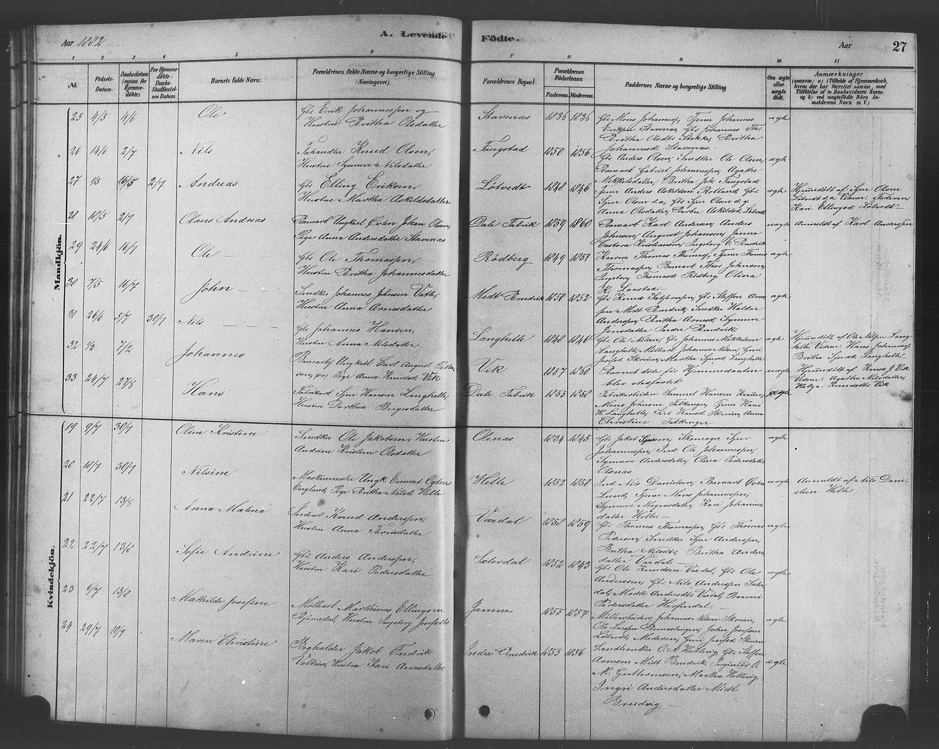 Bruvik Sokneprestembete, AV/SAB-A-74701/H/Hab: Parish register (copy) no. A 1, 1878-1907, p. 27