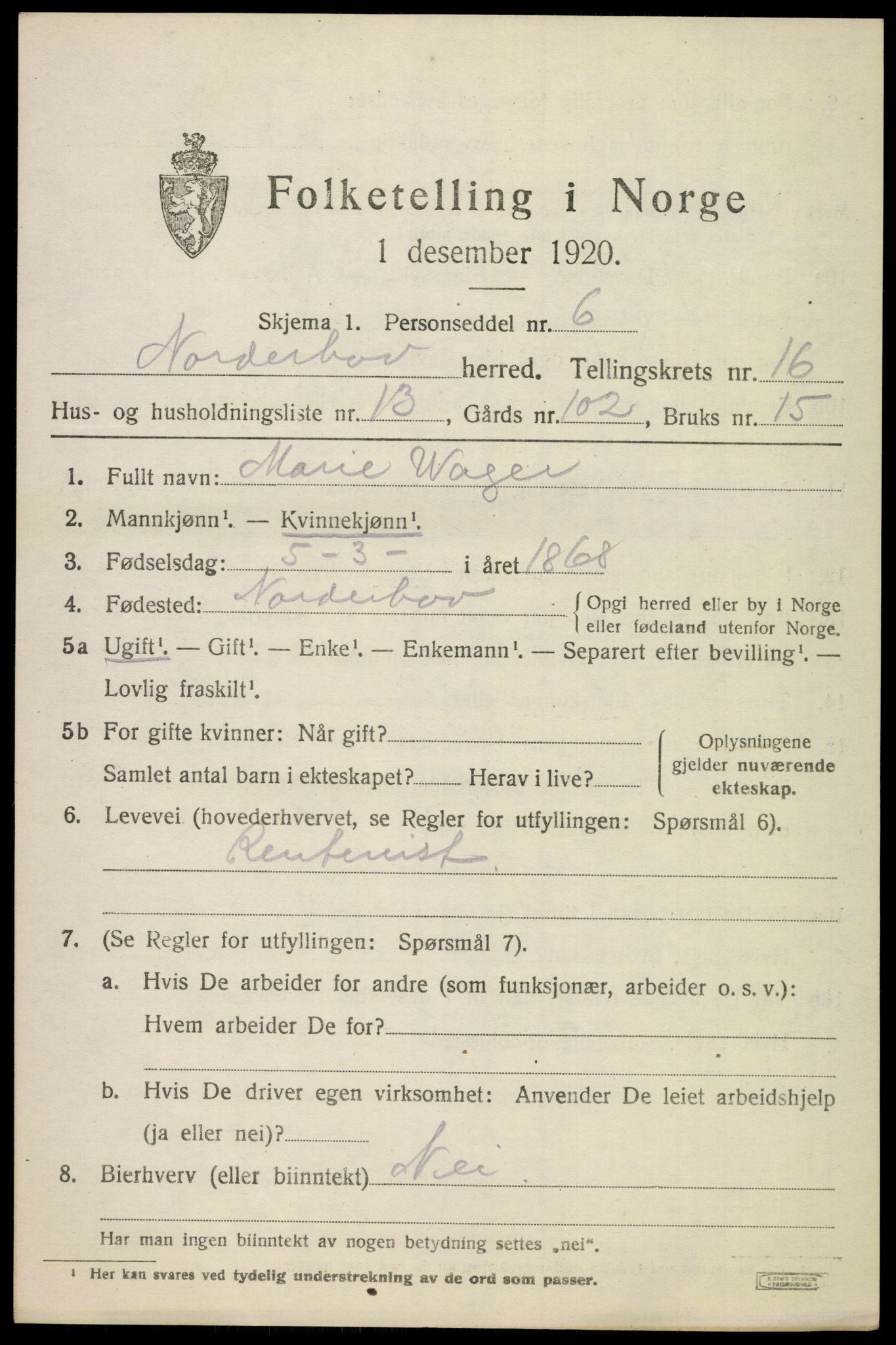 SAKO, 1920 census for Norderhov, 1920, p. 17792