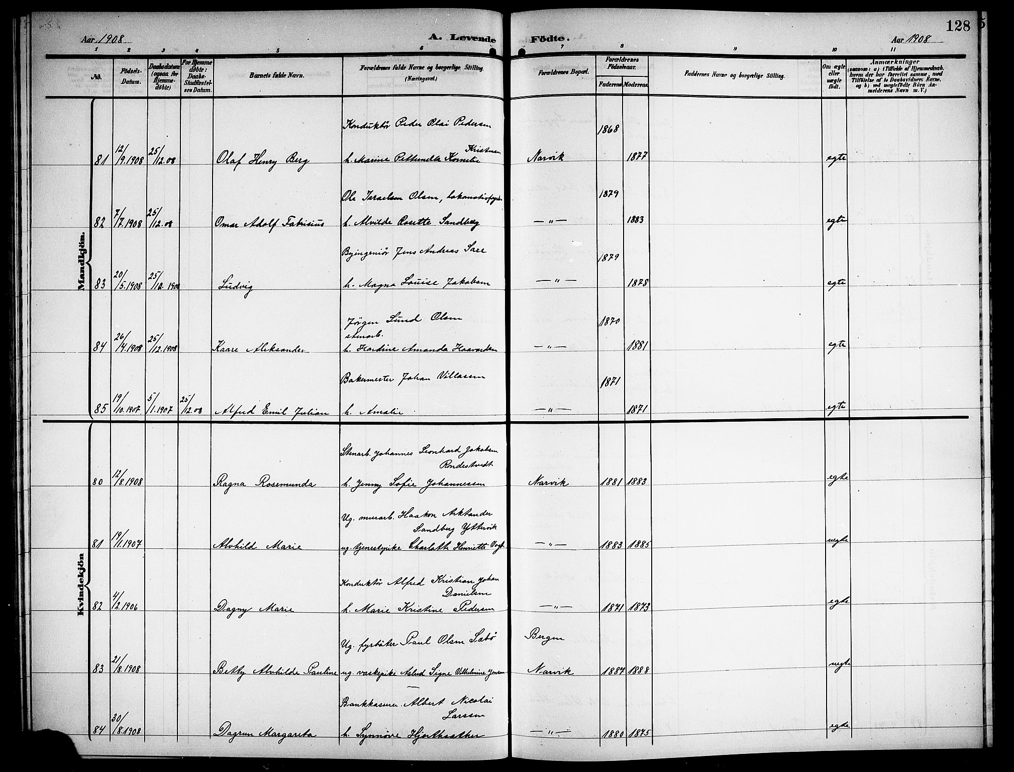 Ministerialprotokoller, klokkerbøker og fødselsregistre - Nordland, AV/SAT-A-1459/871/L1012: Parish register (copy) no. 871C01, 1902-1909, p. 128