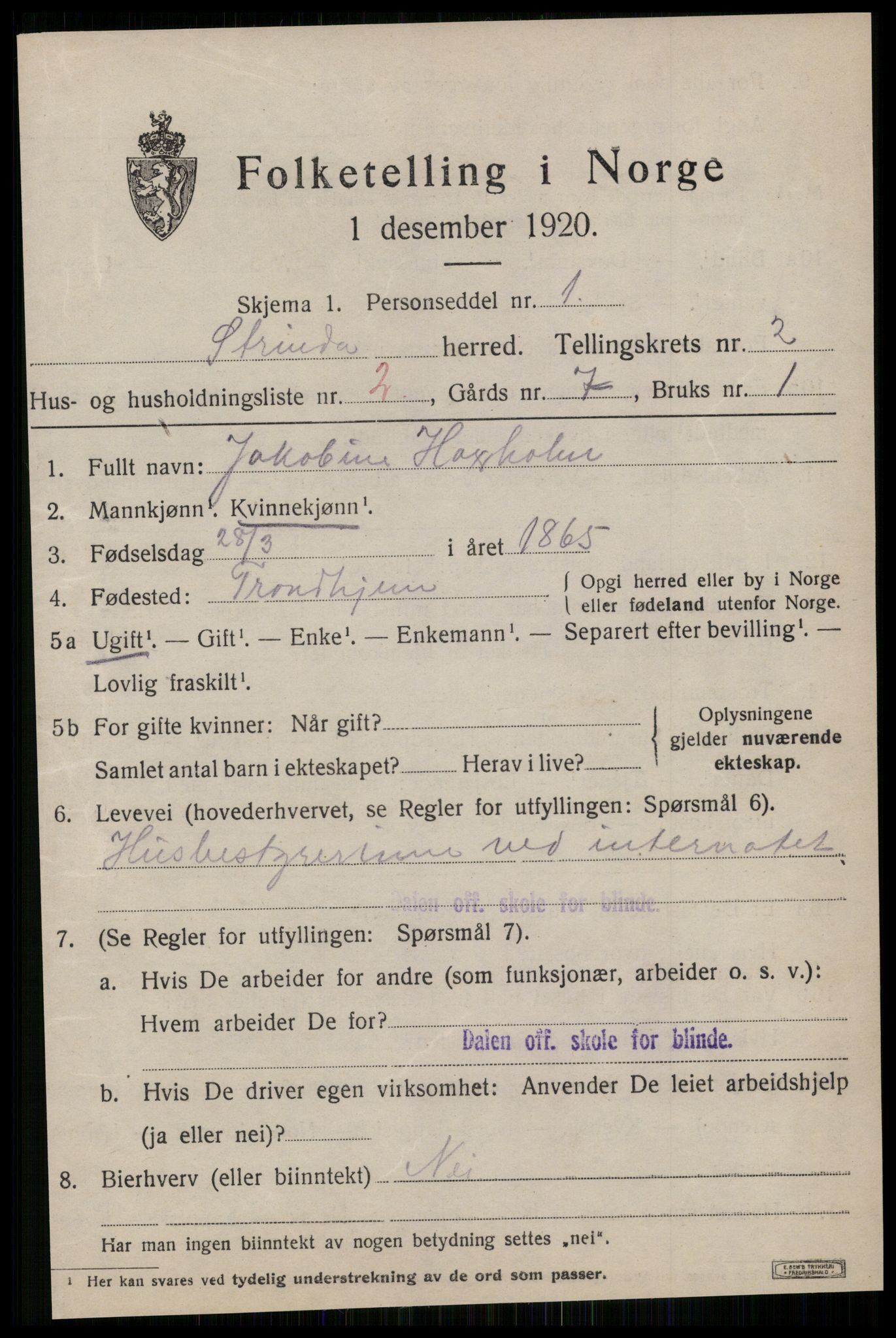 SAT, 1920 census for Strinda, 1920, p. 6020