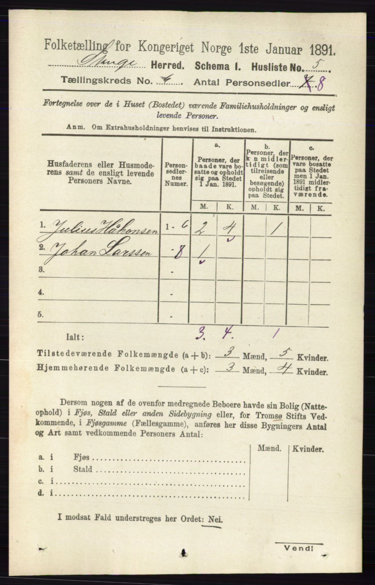 RA, 1891 census for 0417 Stange, 1891, p. 3827