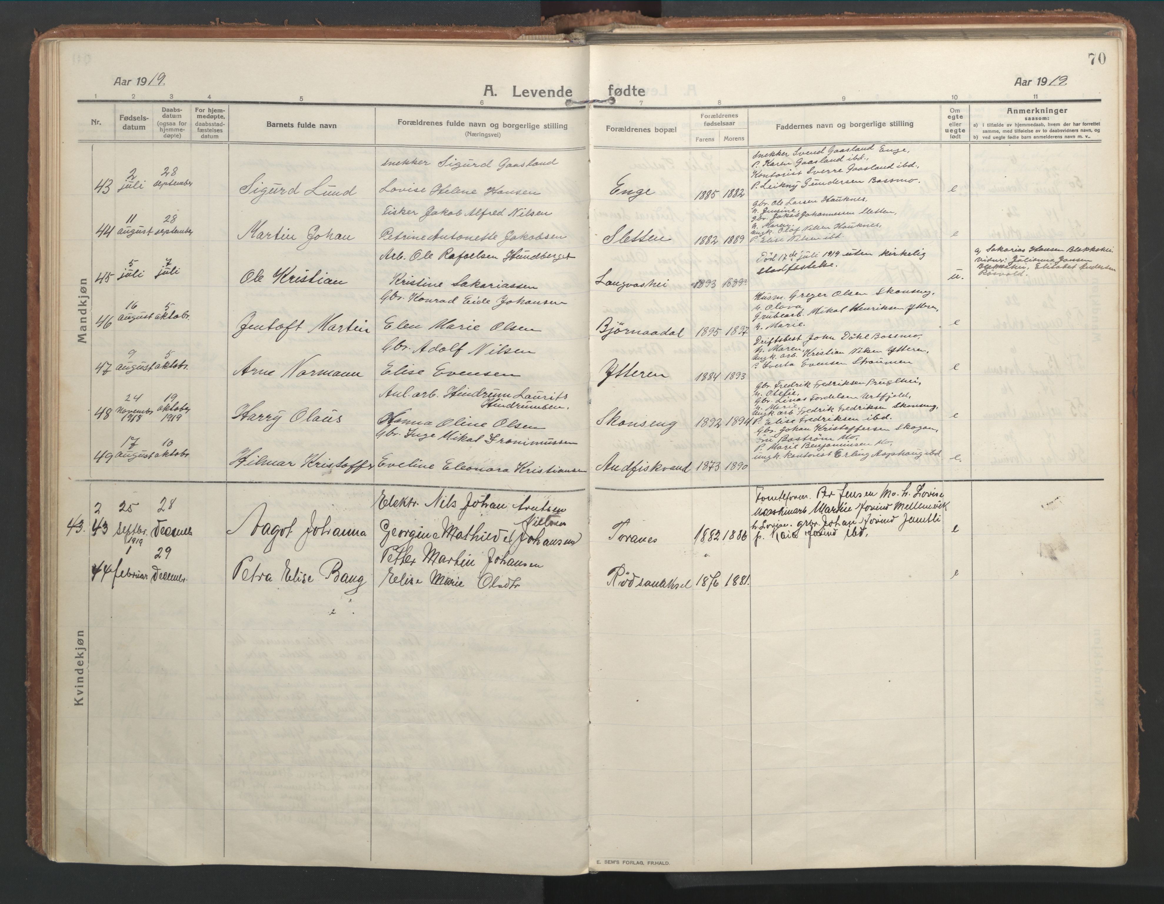 Ministerialprotokoller, klokkerbøker og fødselsregistre - Nordland, SAT/A-1459/827/L0404: Parish register (official) no. 827A16, 1912-1925, p. 70