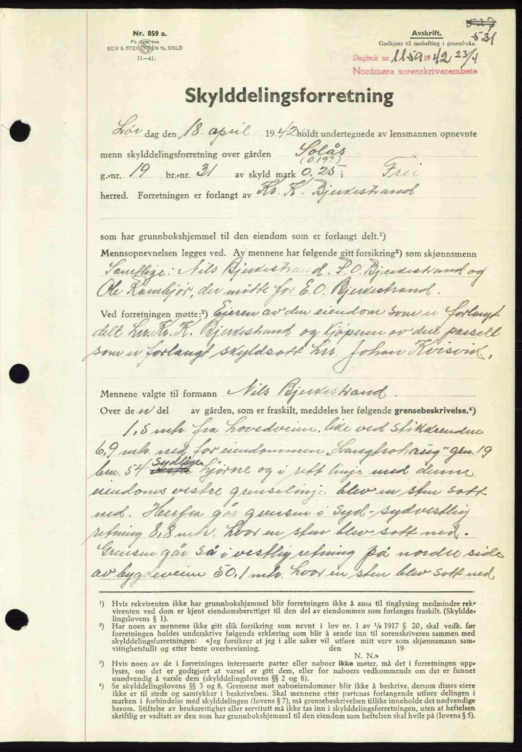 Nordmøre sorenskriveri, AV/SAT-A-4132/1/2/2Ca: Mortgage book no. A92, 1942-1942, Diary no: : 1159/1942