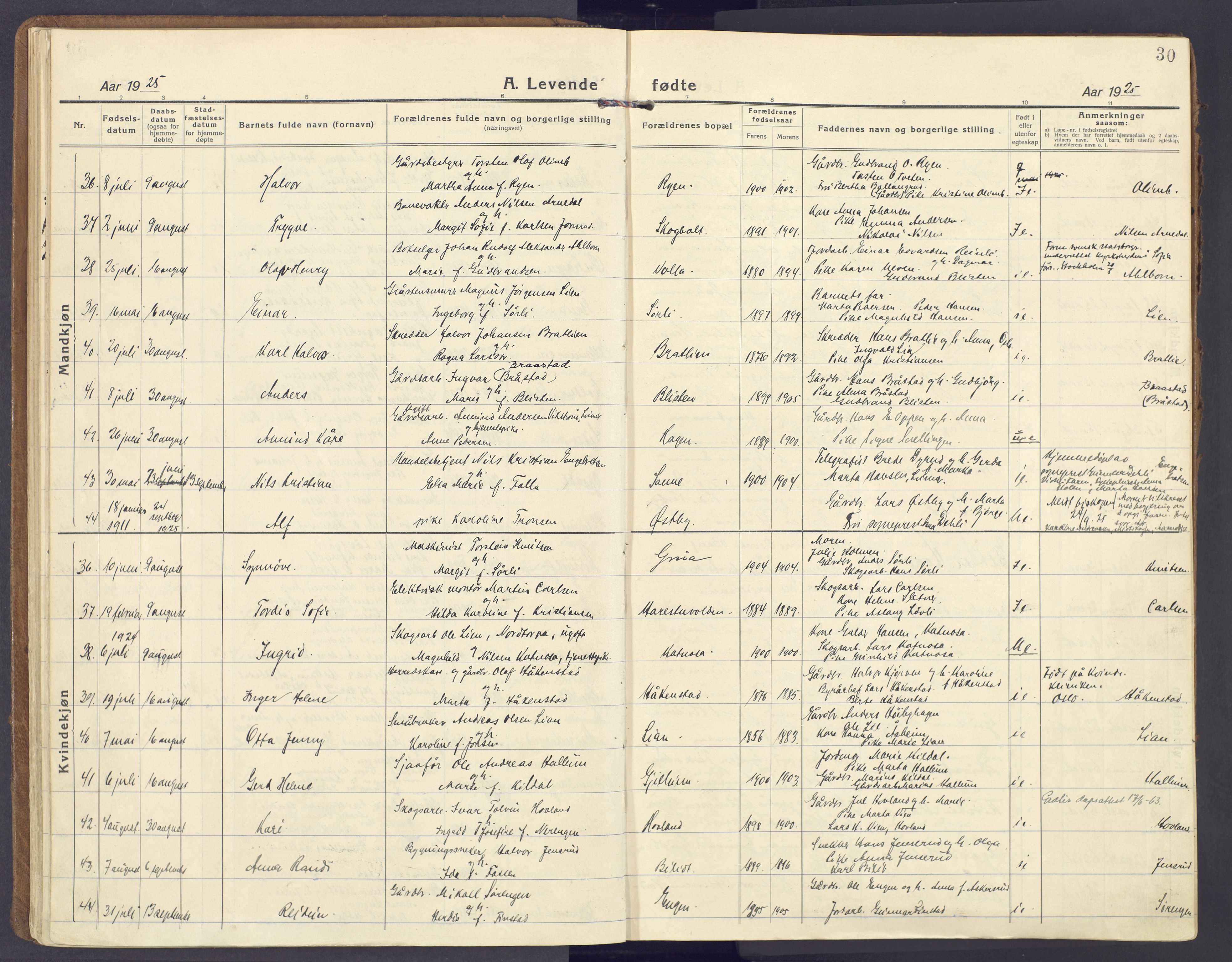 Lunner prestekontor, AV/SAH-PREST-118/H/Ha/Haa/L0002: Parish register (official) no. 2, 1922-1931, p. 30