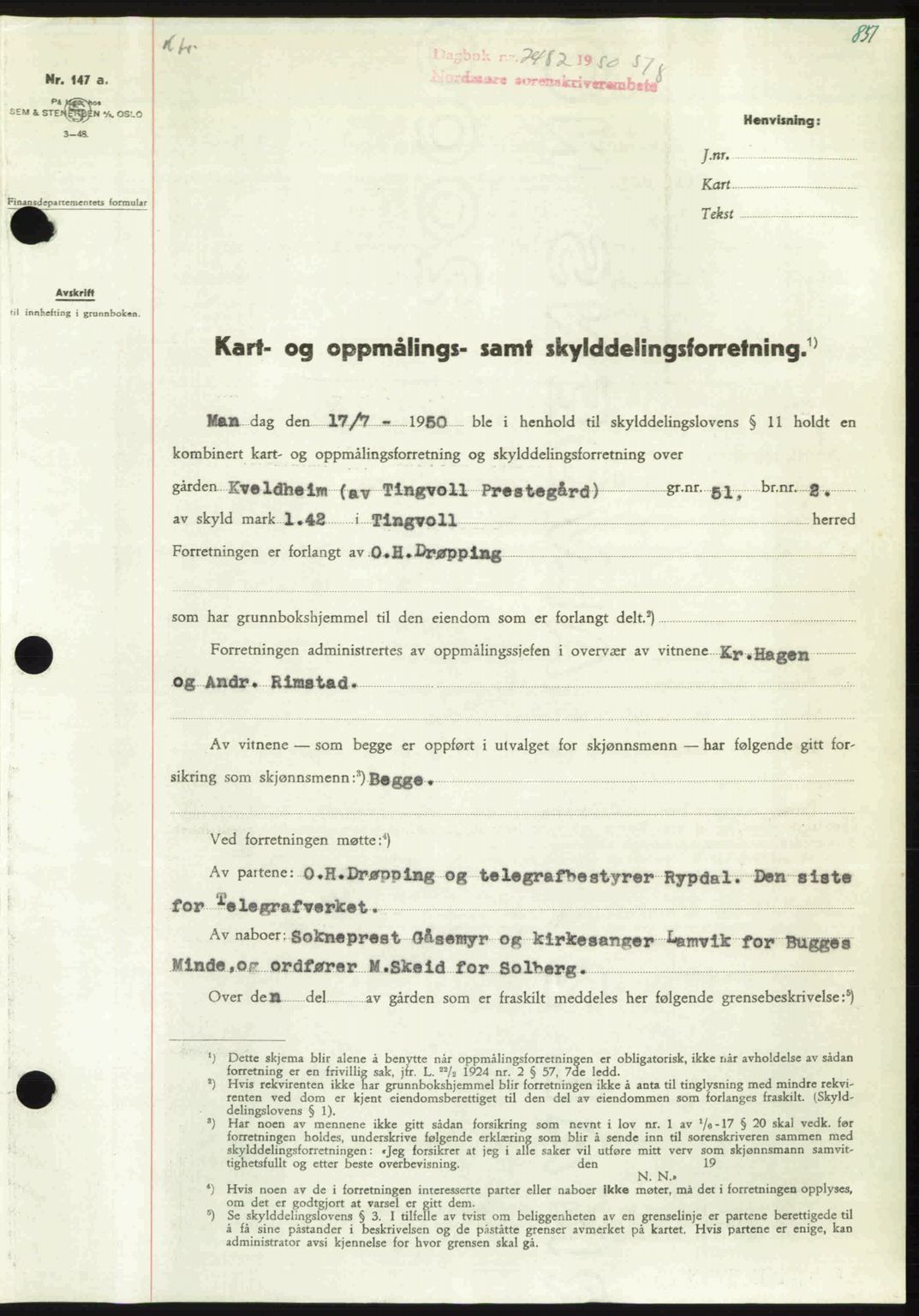 Nordmøre sorenskriveri, AV/SAT-A-4132/1/2/2Ca: Mortgage book no. A115, 1950-1950, Diary no: : 2482/1950