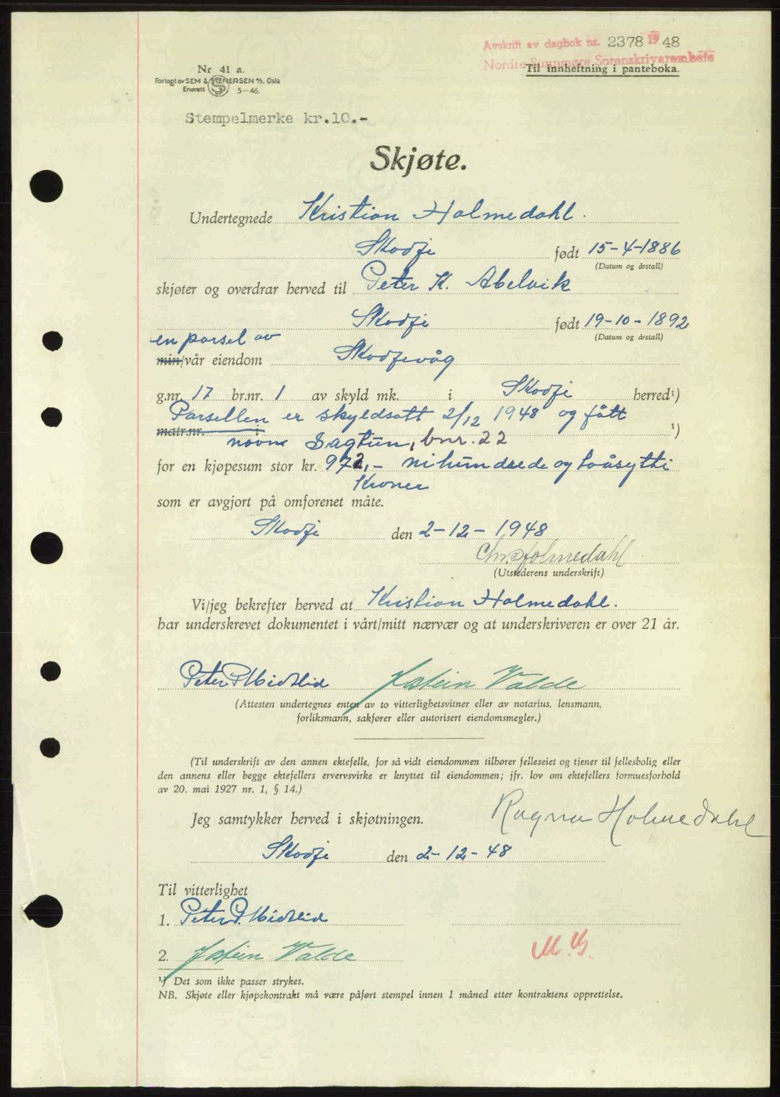 Nordre Sunnmøre sorenskriveri, AV/SAT-A-0006/1/2/2C/2Ca: Mortgage book no. A29, 1948-1949, Diary no: : 2378/1948