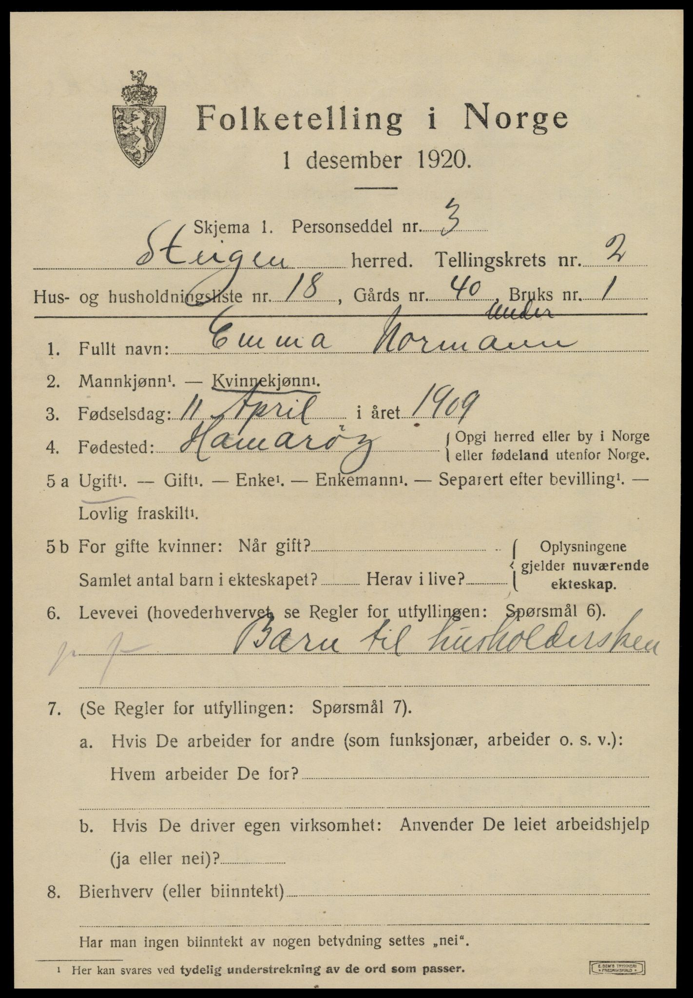 SAT, 1920 census for Steigen, 1920, p. 1362