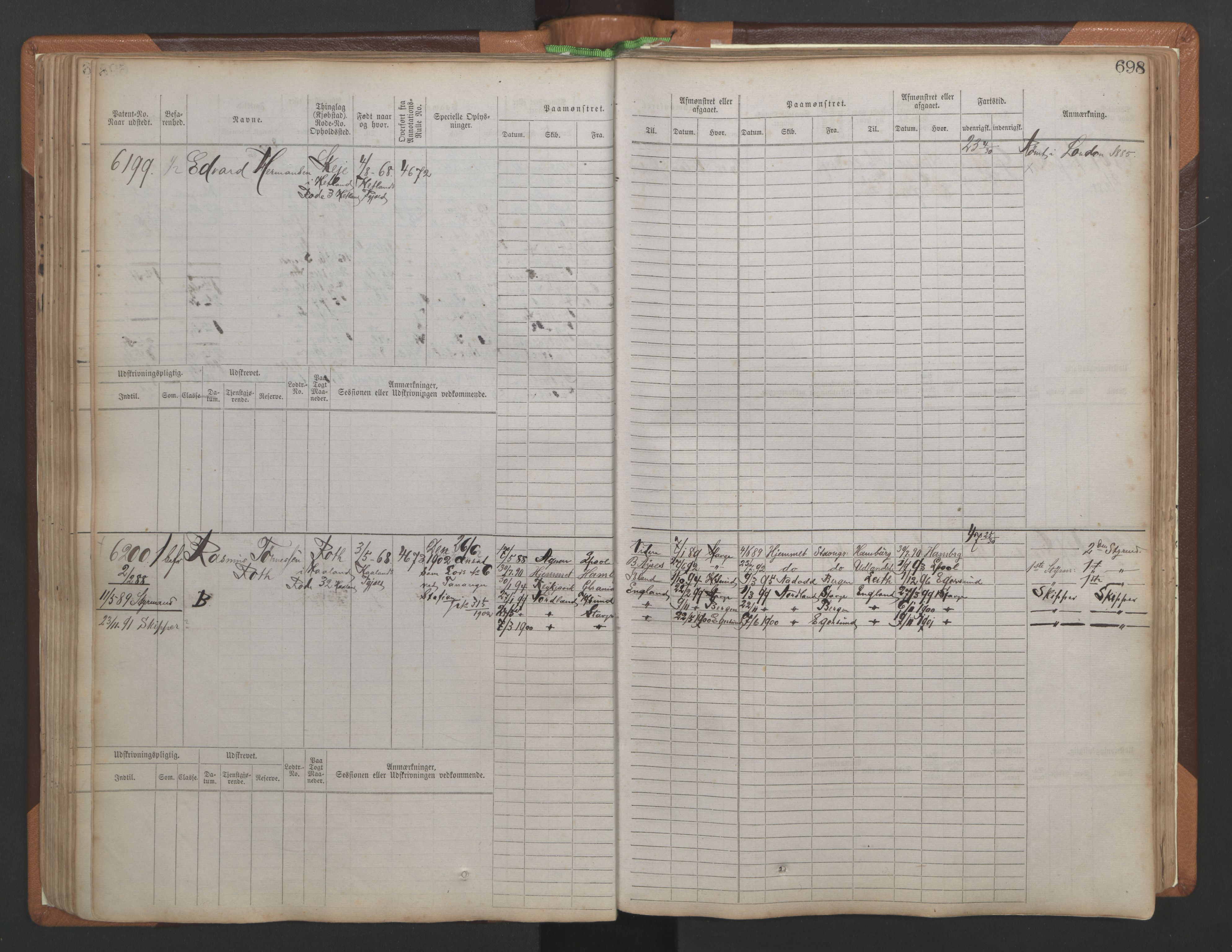 Stavanger sjømannskontor, AV/SAST-A-102006/F/Fb/Fbb/L0010: Sjøfartshovedrulle, patentnr. 6007-6606 (del 1), 1887-1896, p. 102