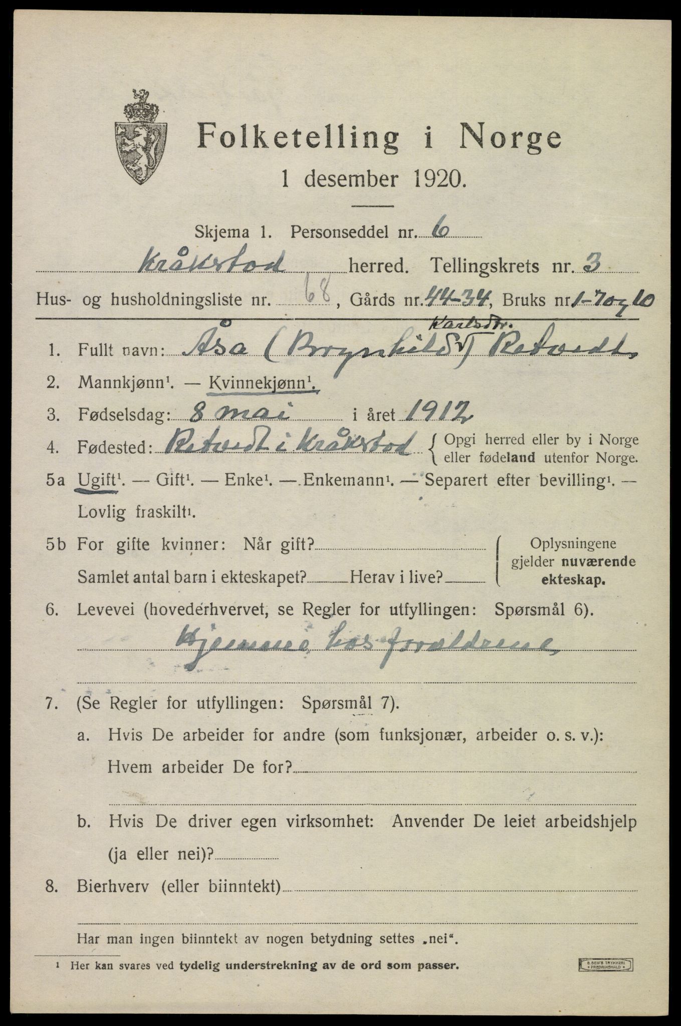 SAO, 1920 census for Kråkstad, 1920, p. 4151