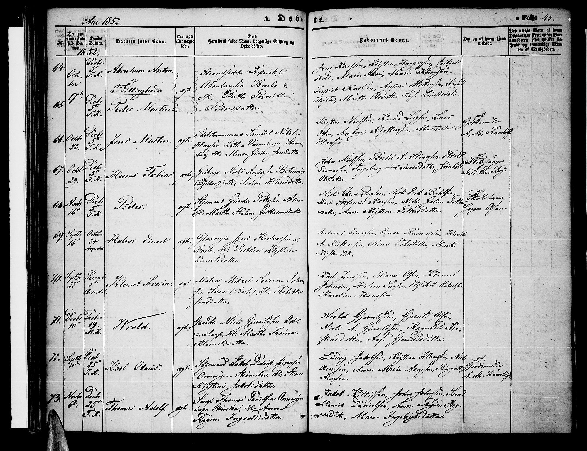 Tromøy sokneprestkontor, AV/SAK-1111-0041/F/Fa/L0005: Parish register (official) no. A 5, 1847-1856, p. 43