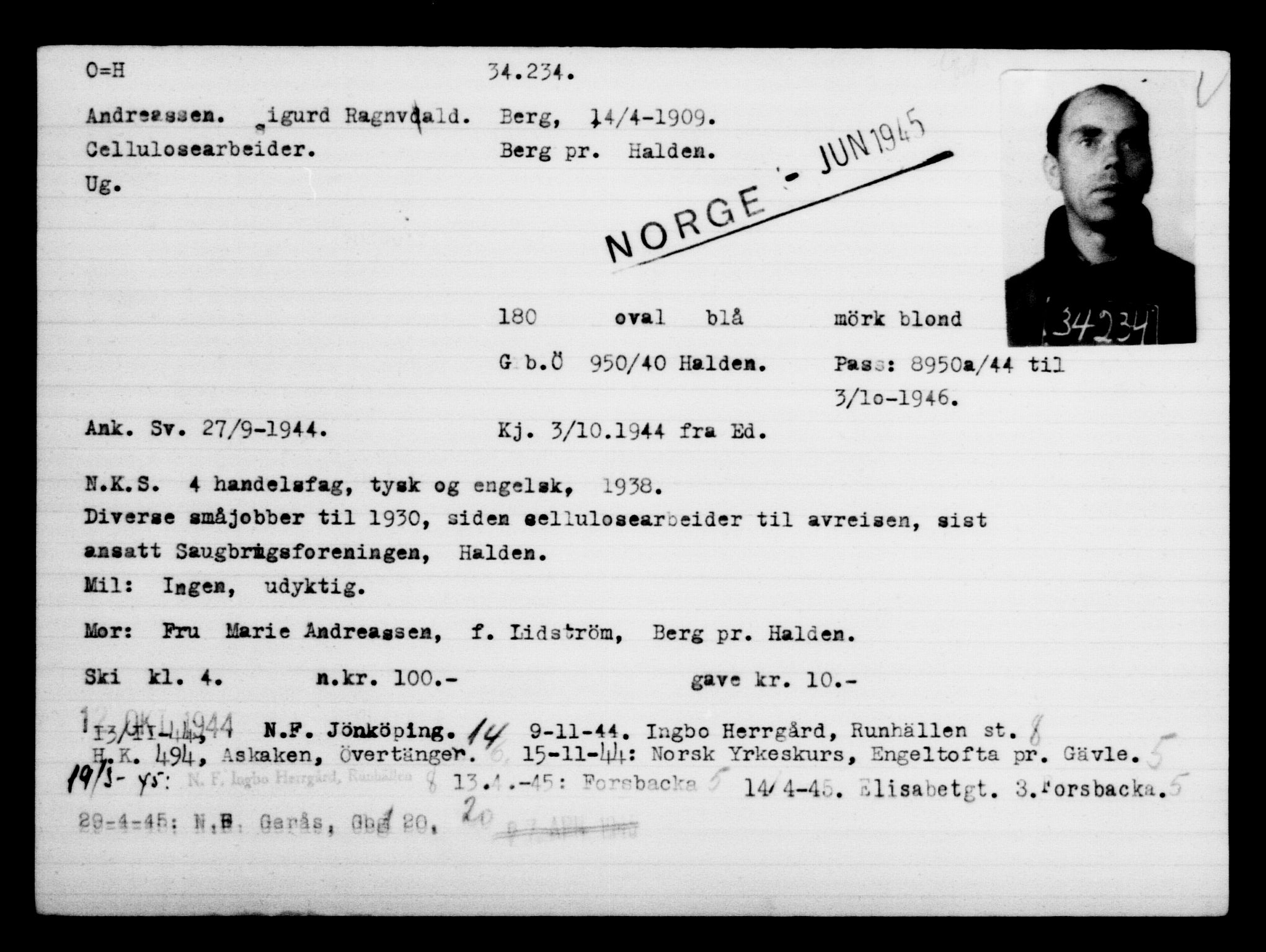 Utenriksstasjonene, Legasjonen i Stockholm, Flyktningkontoret, AV/RA-S-6753/V/Va/L0013: Kjesäterkartoteket, flyktninger med registreringsnr. 31500-34731, 1940-1945, p. 2886