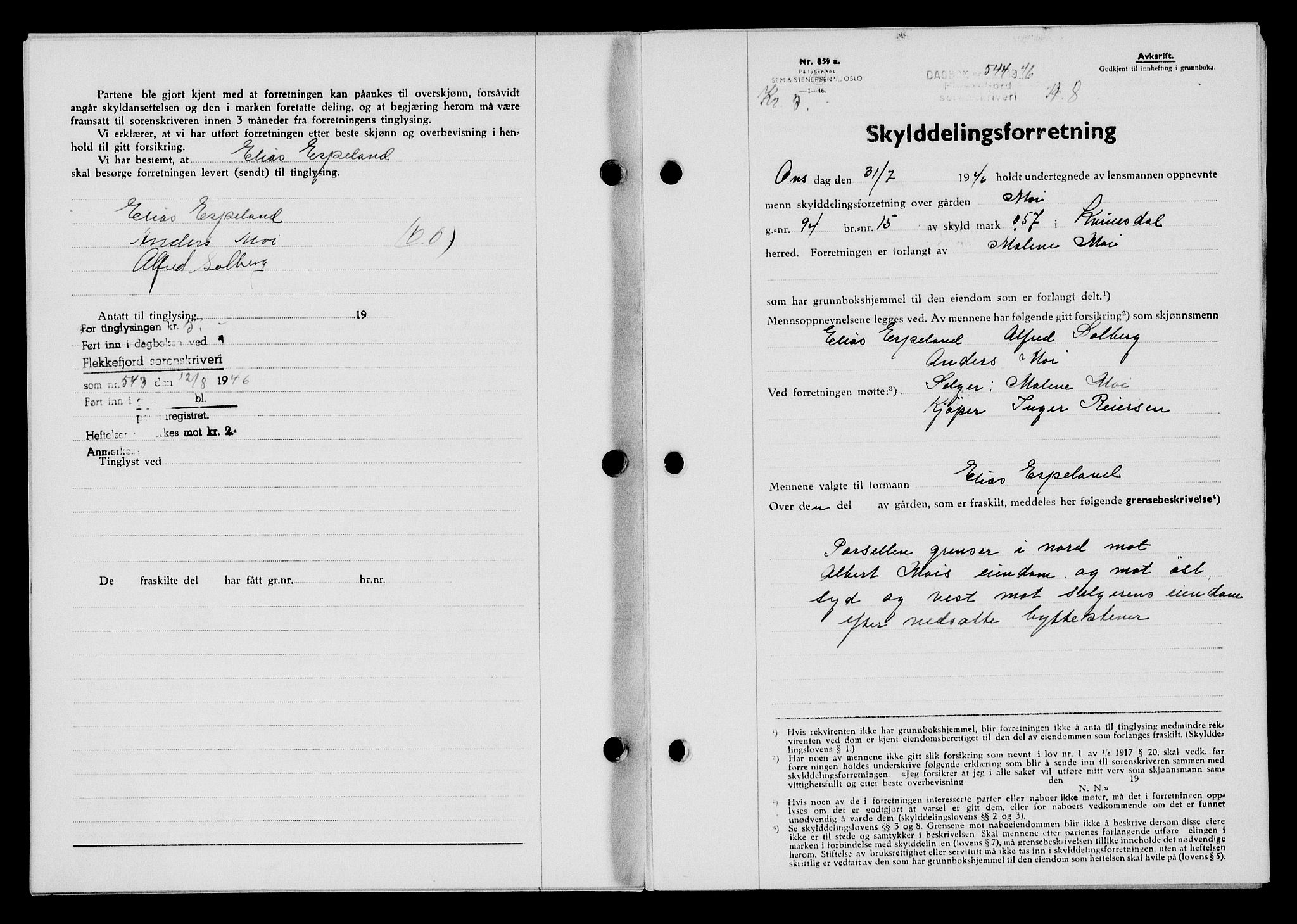 Flekkefjord sorenskriveri, AV/SAK-1221-0001/G/Gb/Gba/L0060: Mortgage book no. A-8, 1945-1946, Diary no: : 544/1946