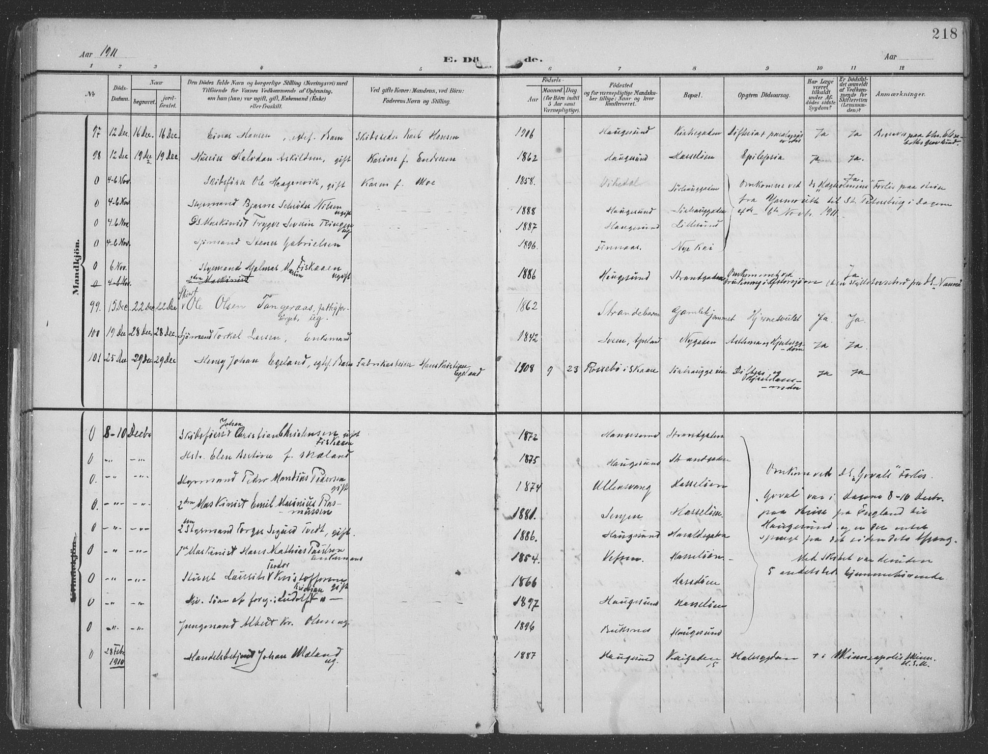 Haugesund sokneprestkontor, AV/SAST-A -101863/H/Ha/Haa/L0007: Parish register (official) no. A 7, 1904-1916, p. 218