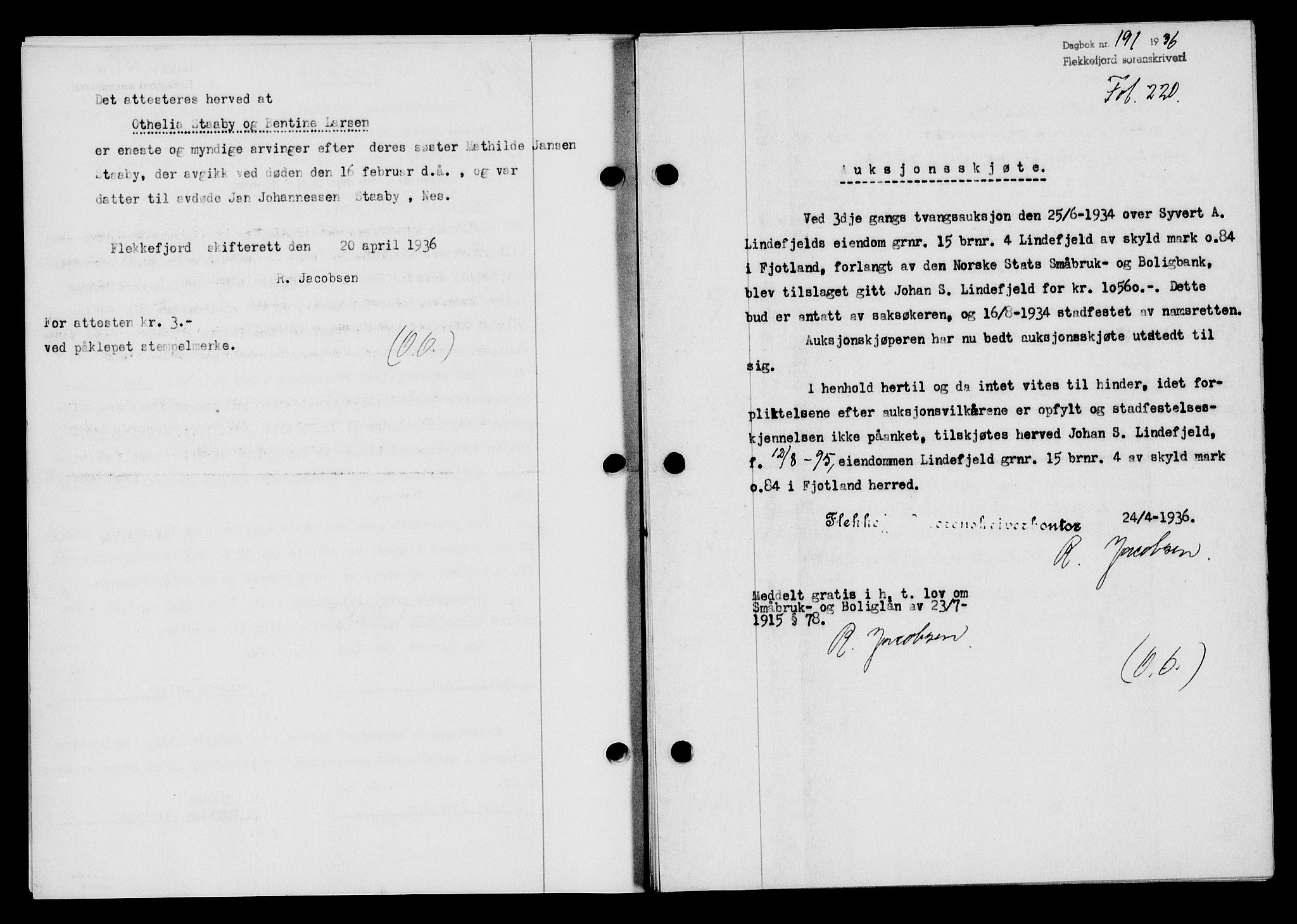 Flekkefjord sorenskriveri, SAK/1221-0001/G/Gb/Gba/L0053: Mortgage book no. A-1, 1936-1937, Diary no: : 191/1936