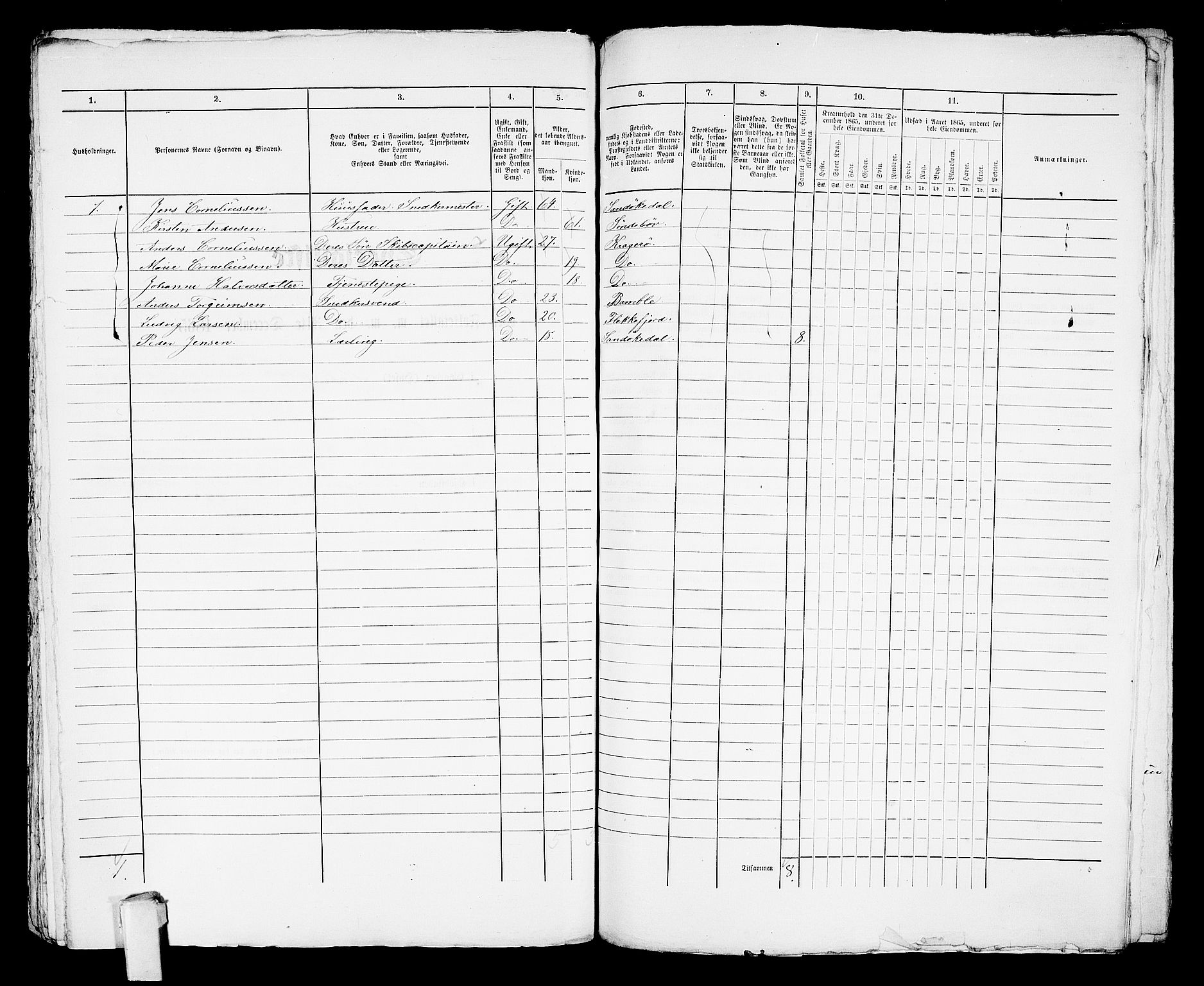 RA, 1865 census for Kragerø/Kragerø, 1865, p. 1011