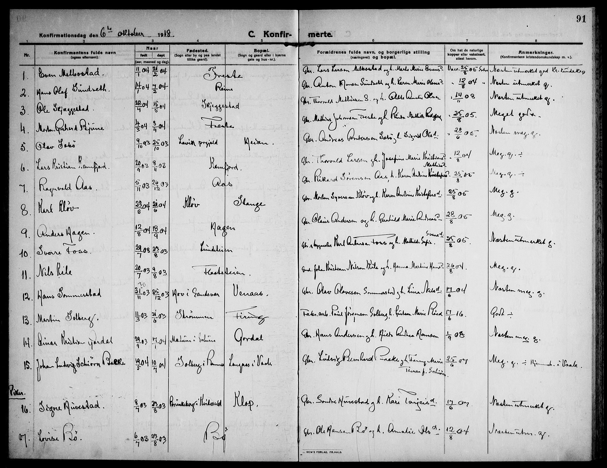 Ramnes kirkebøker, SAKO/A-314/F/Fa/L0009: Parish register (official) no. I 9, 1912-1929, p. 91