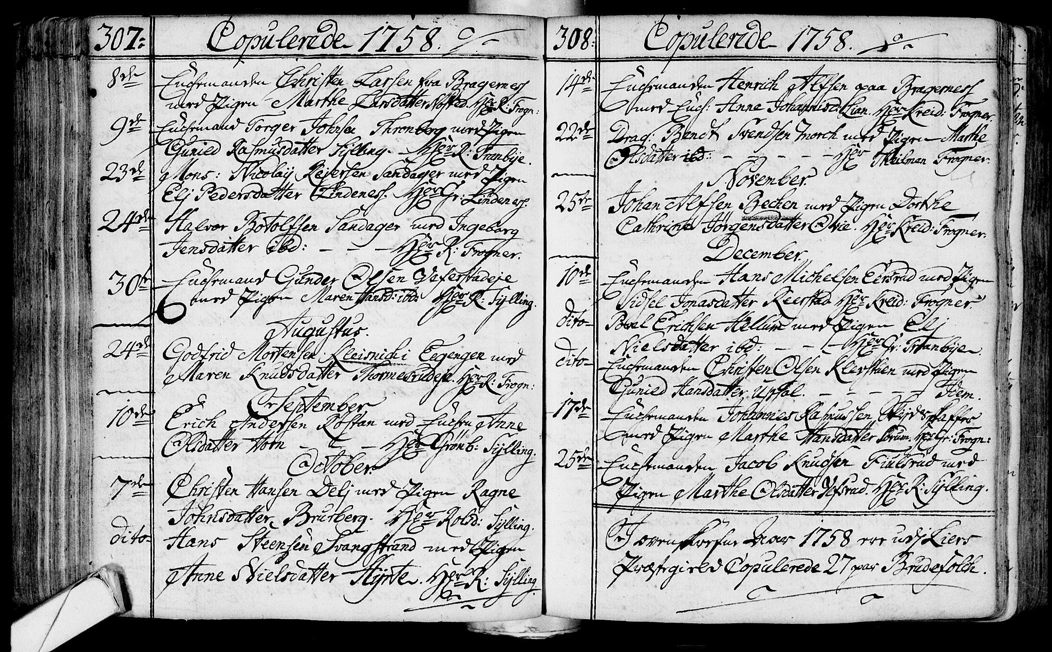 Lier kirkebøker, AV/SAKO-A-230/F/Fa/L0004: Parish register (official) no. I 4, 1749-1764, p. 307-308