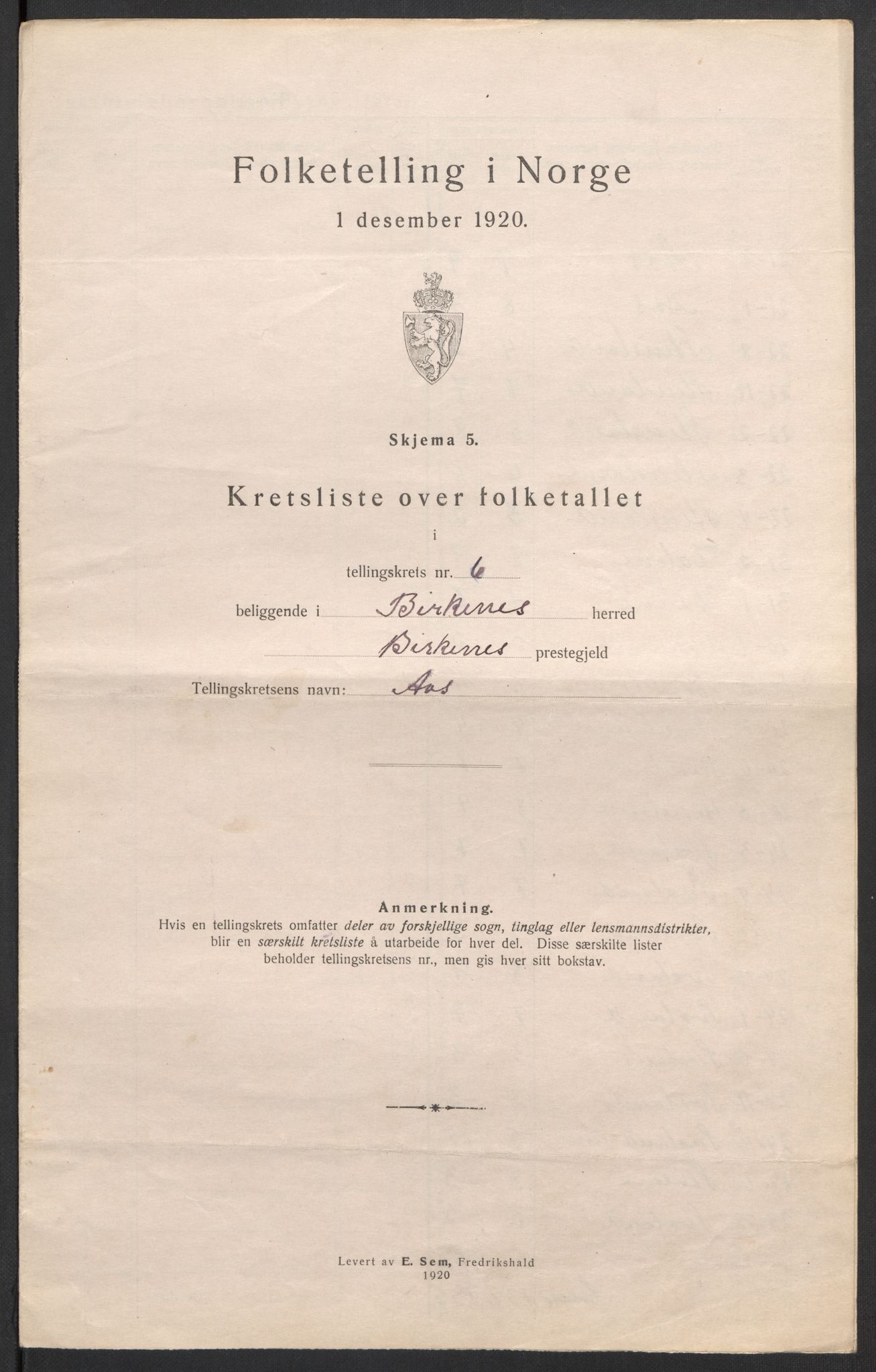 SAK, 1920 census for Birkenes, 1920, p. 22