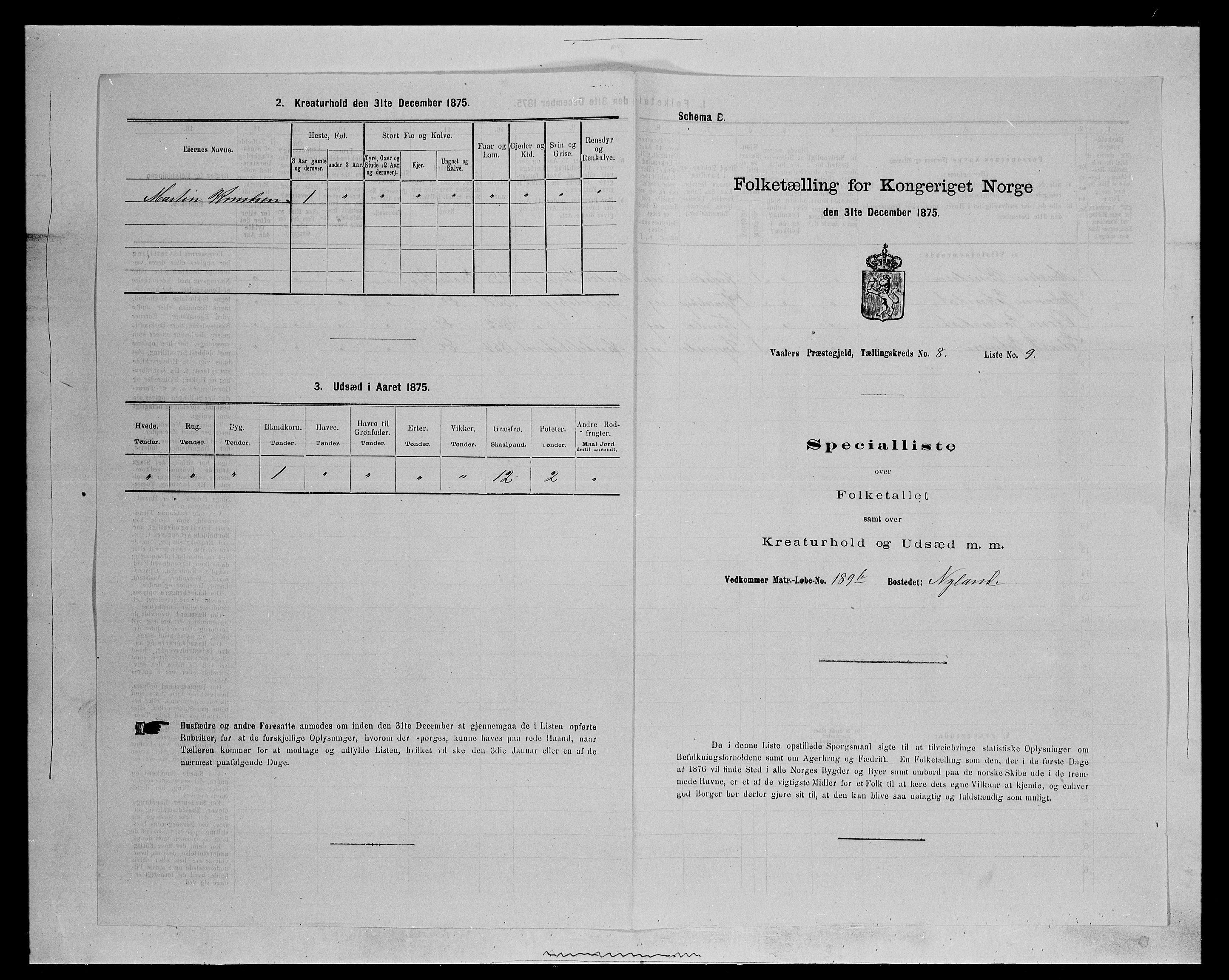 SAH, 1875 census for 0426P Våler parish (Hedmark), 1875, p. 1040