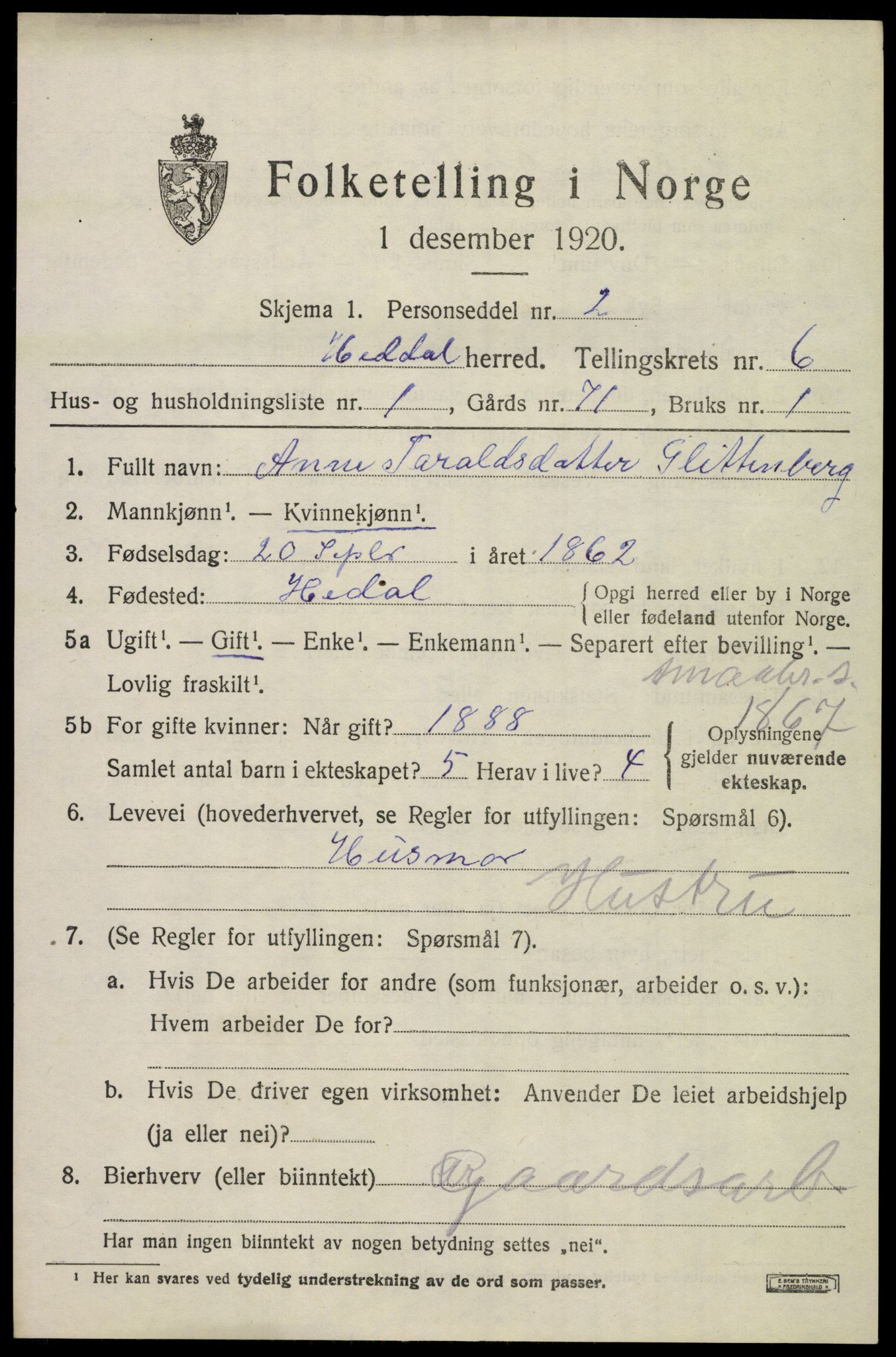 SAKO, 1920 census for Heddal, 1920, p. 5196