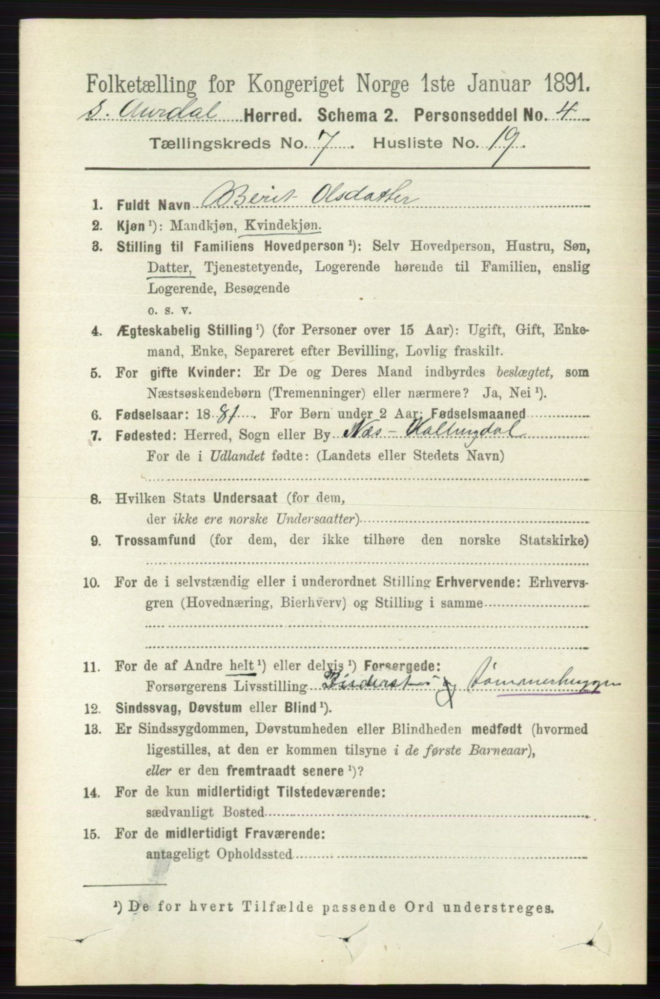RA, 1891 census for 0540 Sør-Aurdal, 1891, p. 4521