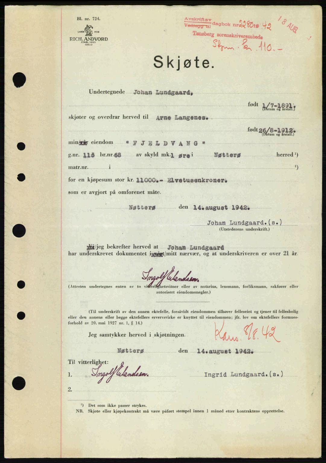 Tønsberg sorenskriveri, AV/SAKO-A-130/G/Ga/Gaa/L0012: Mortgage book no. A12, 1942-1943, Diary no: : 2280/1942