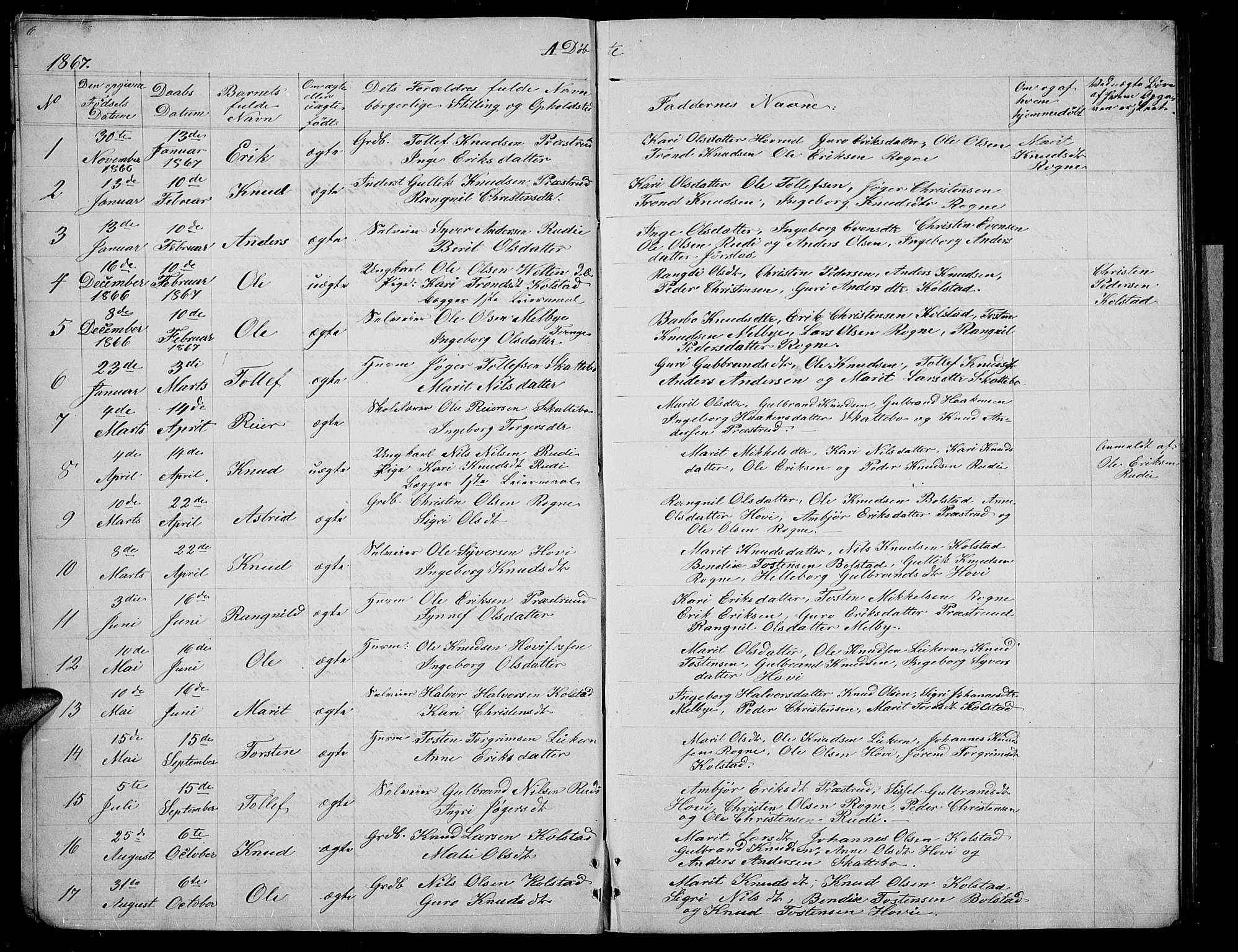 Øystre Slidre prestekontor, AV/SAH-PREST-138/H/Ha/Hab/L0003: Parish register (copy) no. 3, 1866-1886, p. 6-7