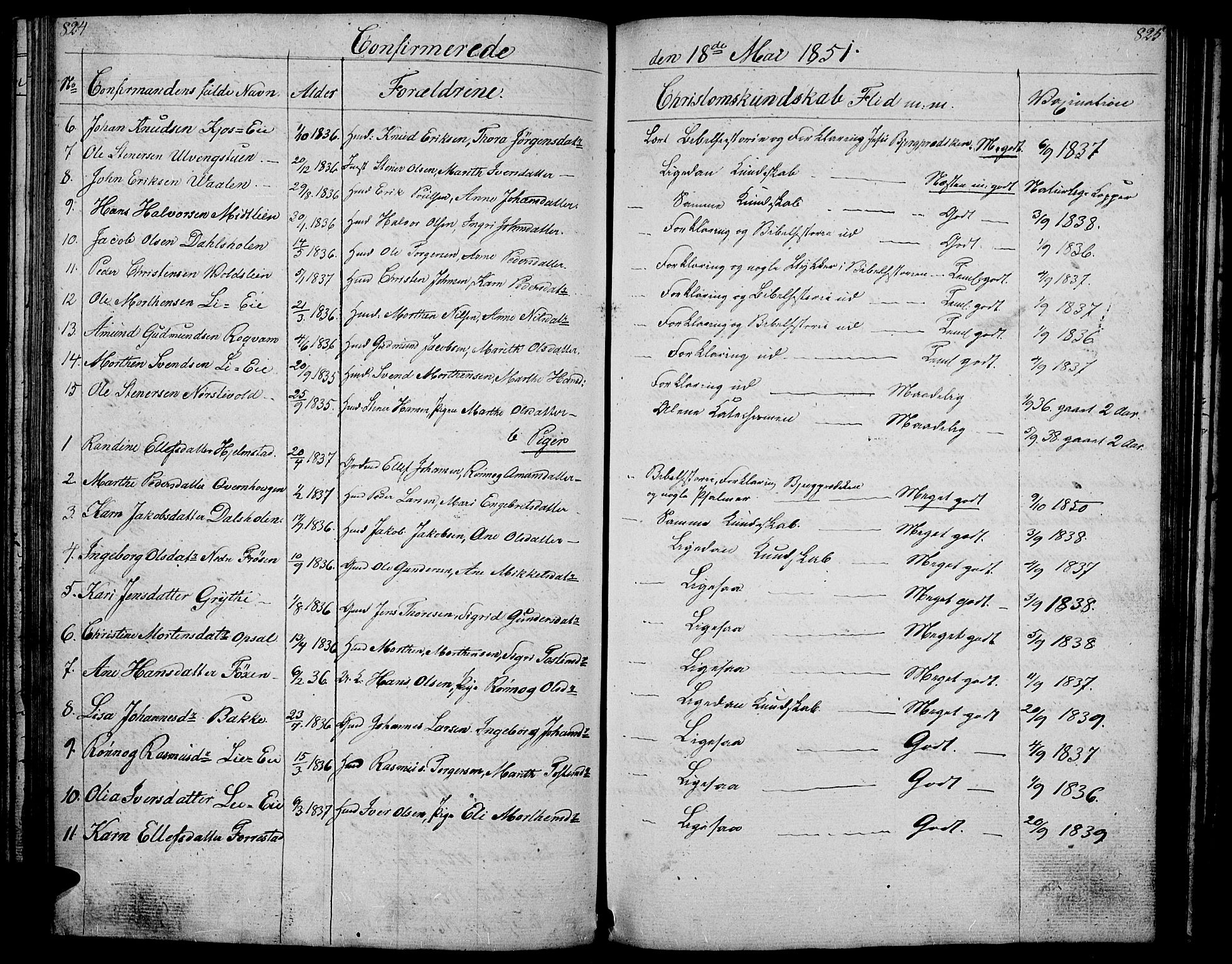 Gausdal prestekontor, SAH/PREST-090/H/Ha/Hab/L0004: Parish register (copy) no. 4, 1835-1870, p. 824-825